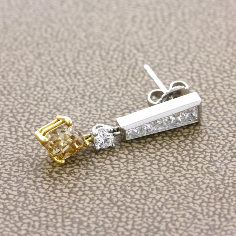 Fancy Colored Diamond Gold and Platinum Drop Earrings For Sale at 1stDibs