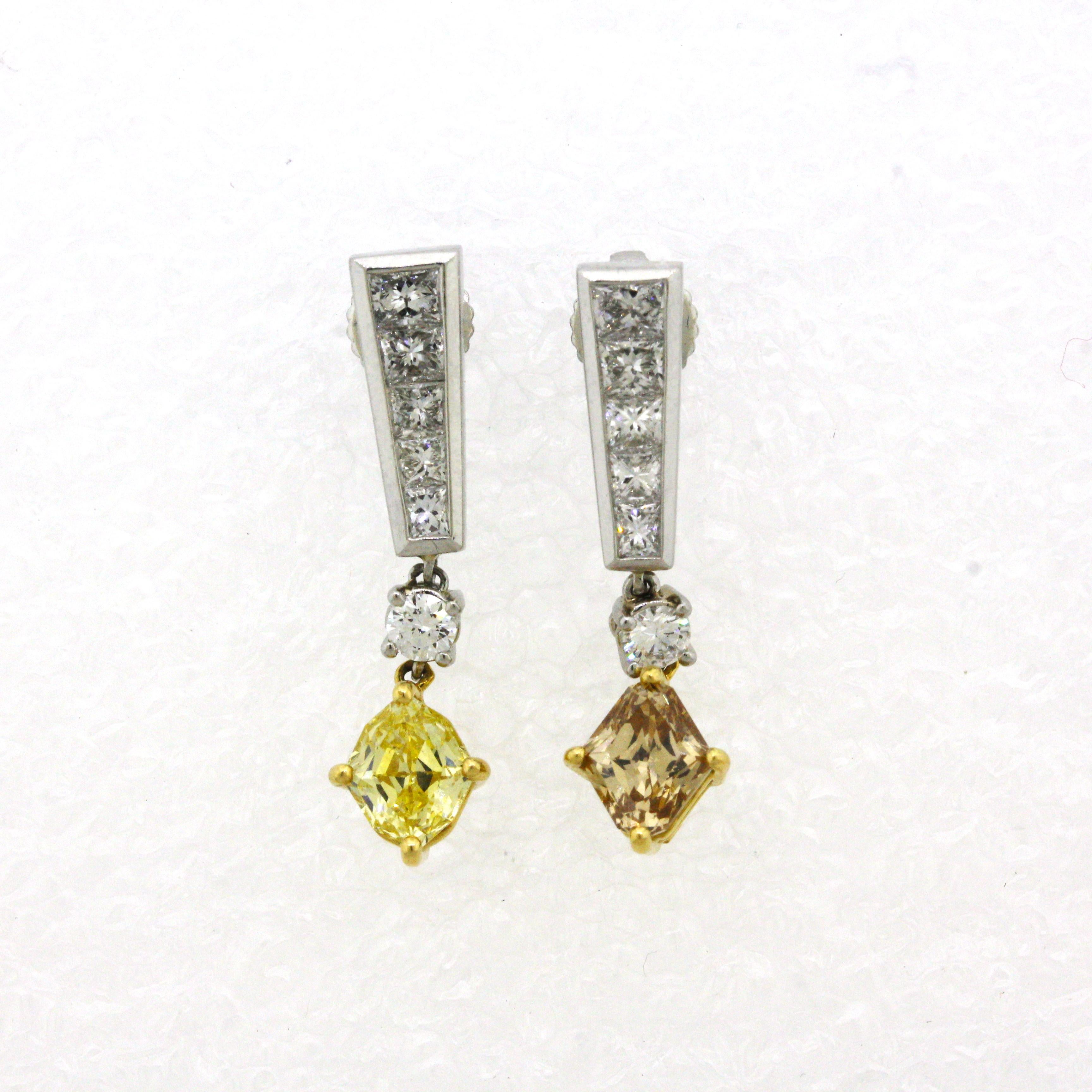Women's Fancy Colored Diamond Gold & Platinum Drop Earrings For Sale