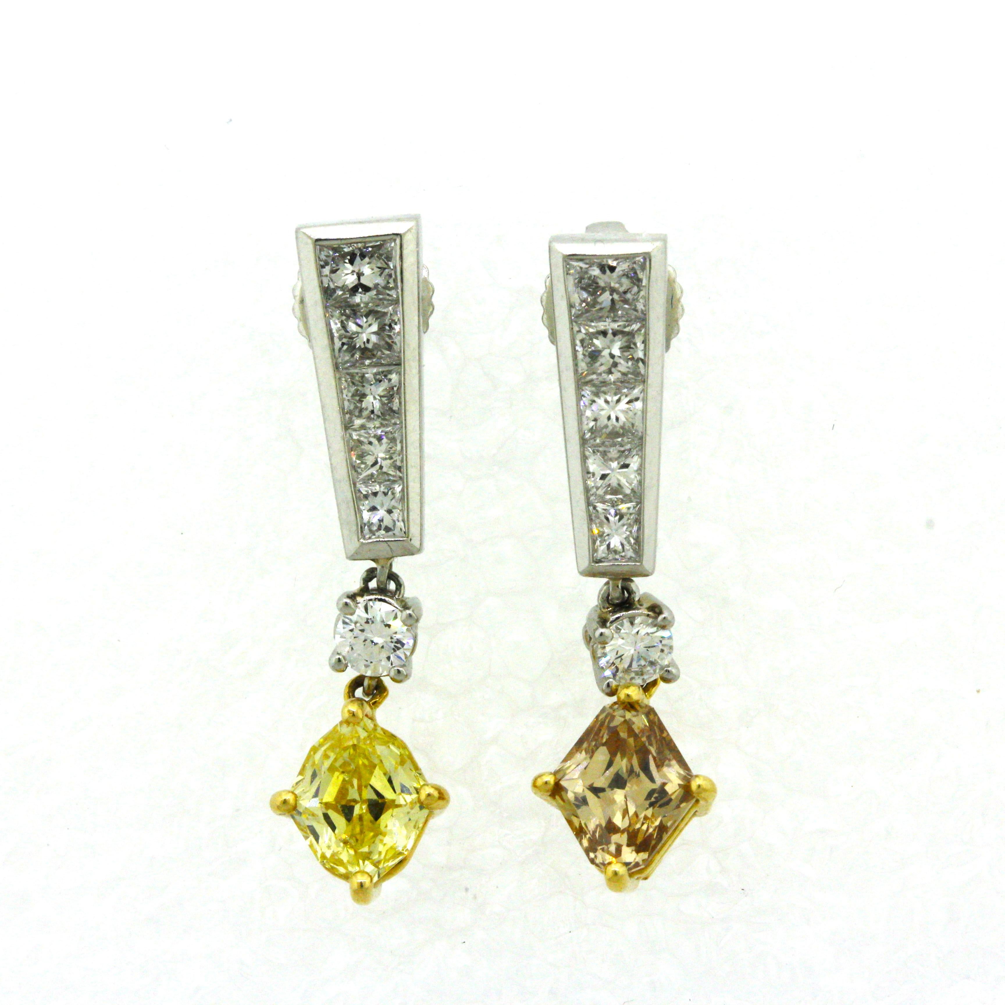 Fancy Colored Diamond Gold & Platinum Drop Earrings For Sale 1