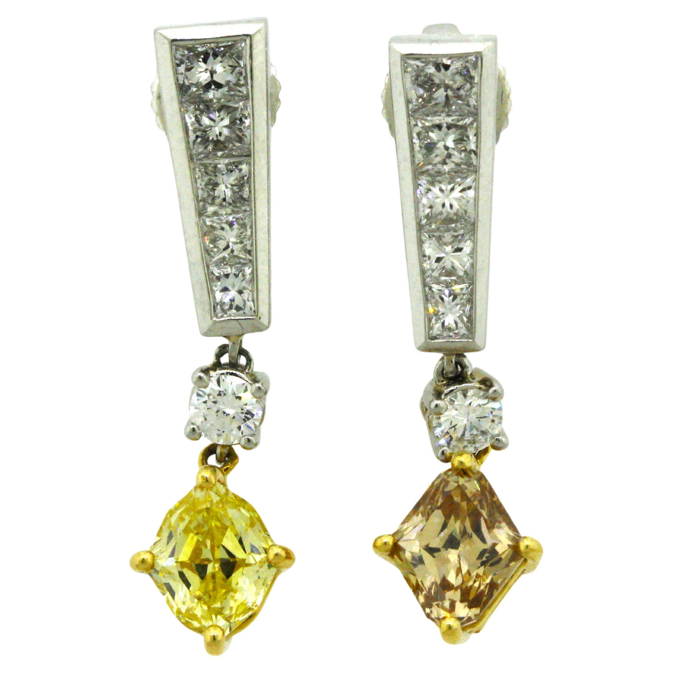 Fancy Colored Diamond Gold & Platinum Drop Earrings For Sale