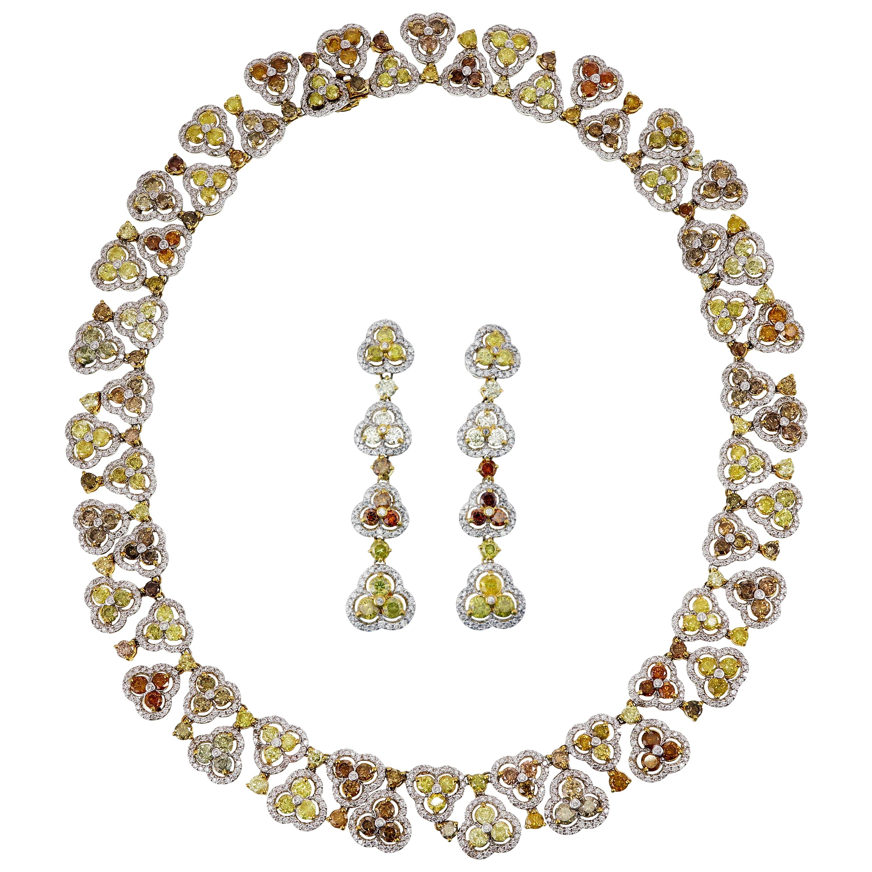 Fancy Colored Diamond Necklace and Earring Set in 18 Karat Gold