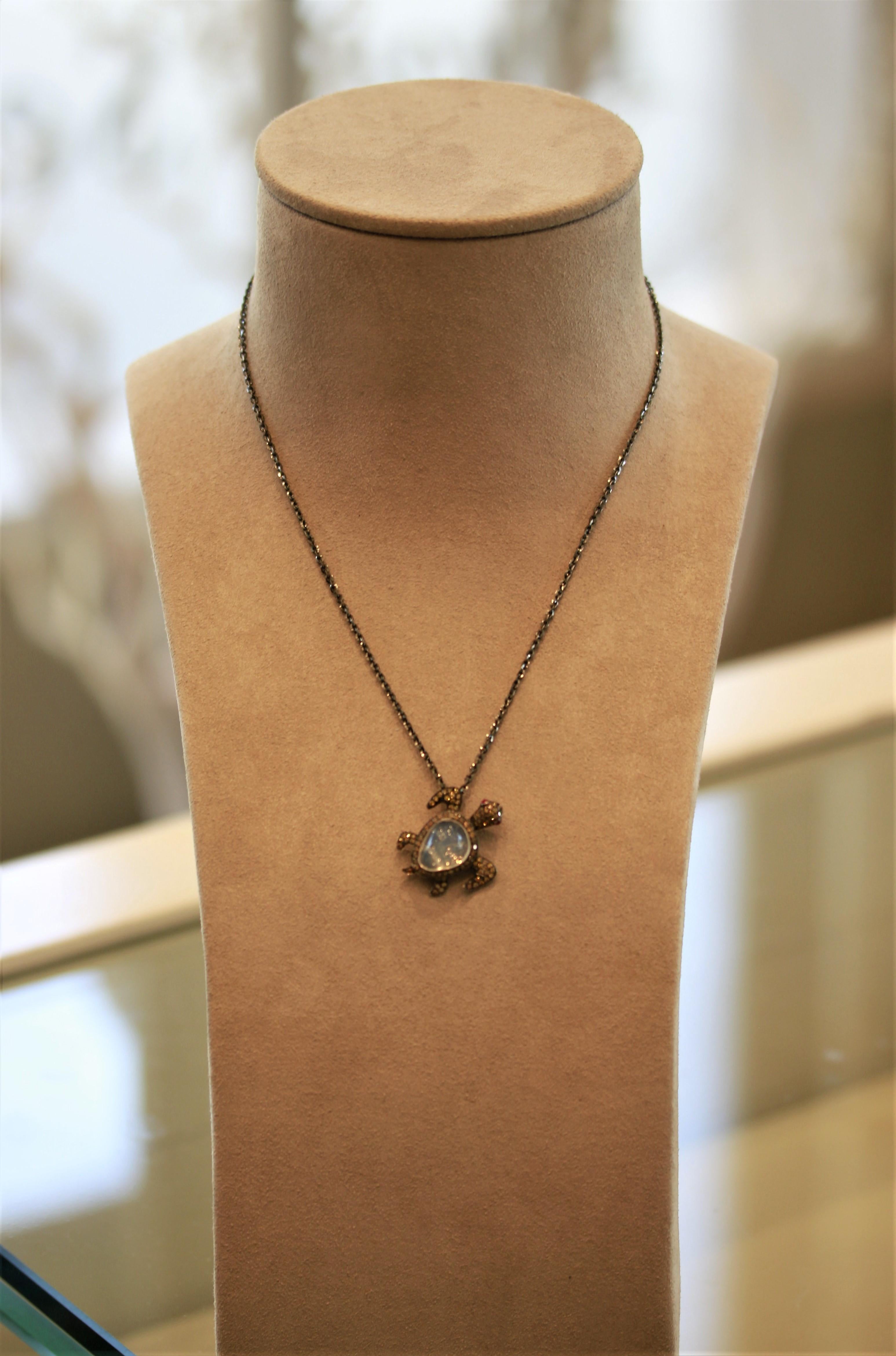 Cabochon Fancy Colored Diamond Ruby Opal Gold Turtle Pendant Necklace