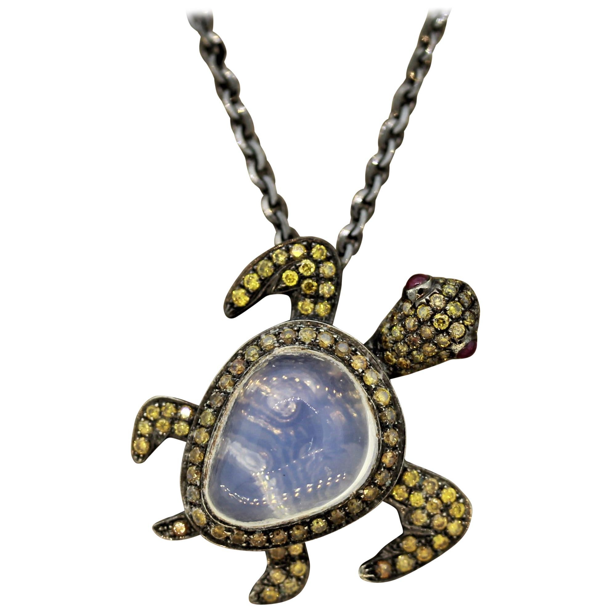 Fancy Colored Diamond Ruby Opal Gold Turtle Pendant Necklace