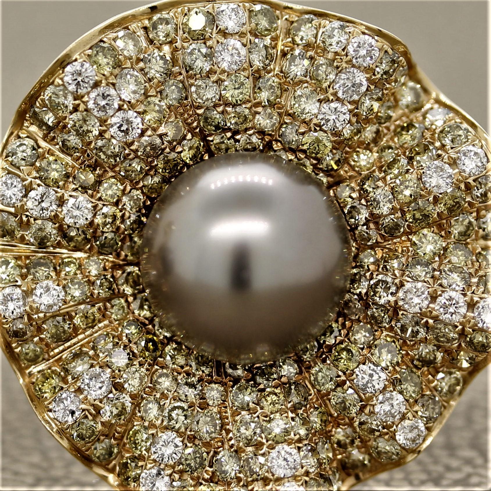 Women's Fancy Colored Diamond Tahitian Pearl Gold Floral Earrings