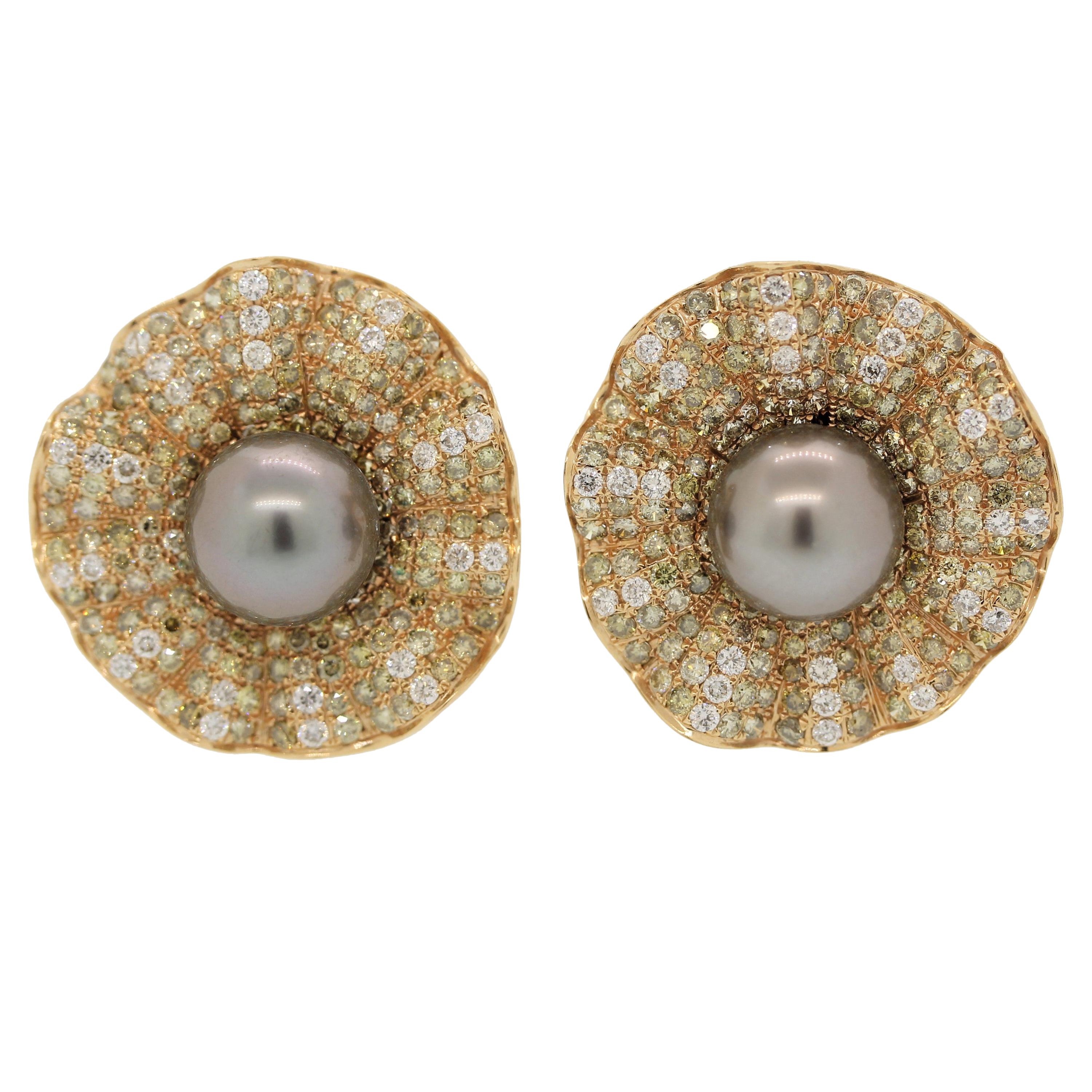 Fancy Colored Diamond Tahitian Pearl Gold Floral Earrings