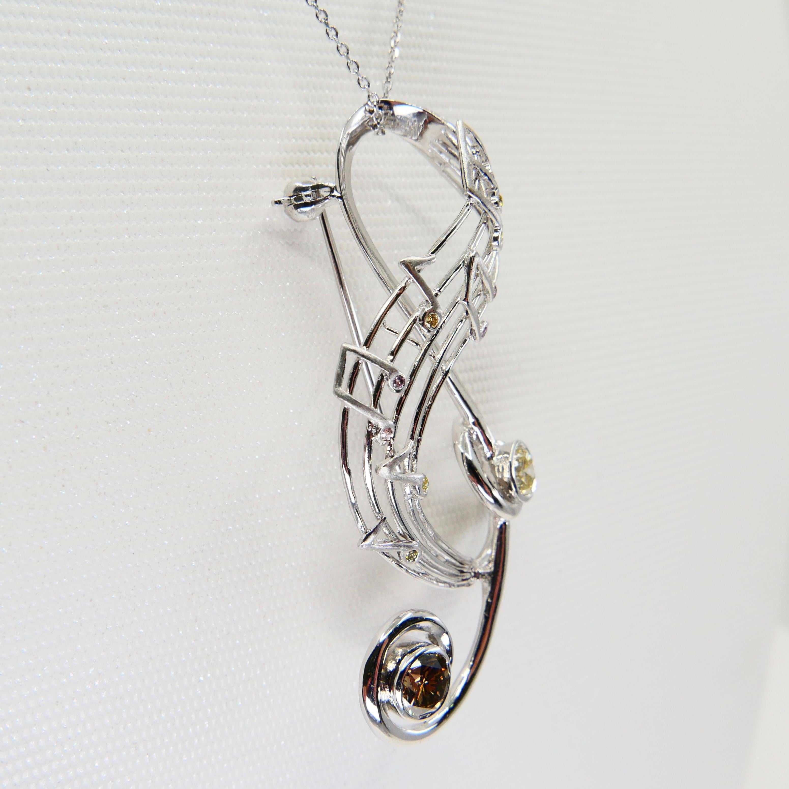 Fancy Colored Diamond Treble Clef Music Brooch Pendant, Music Lover's Pendant 2