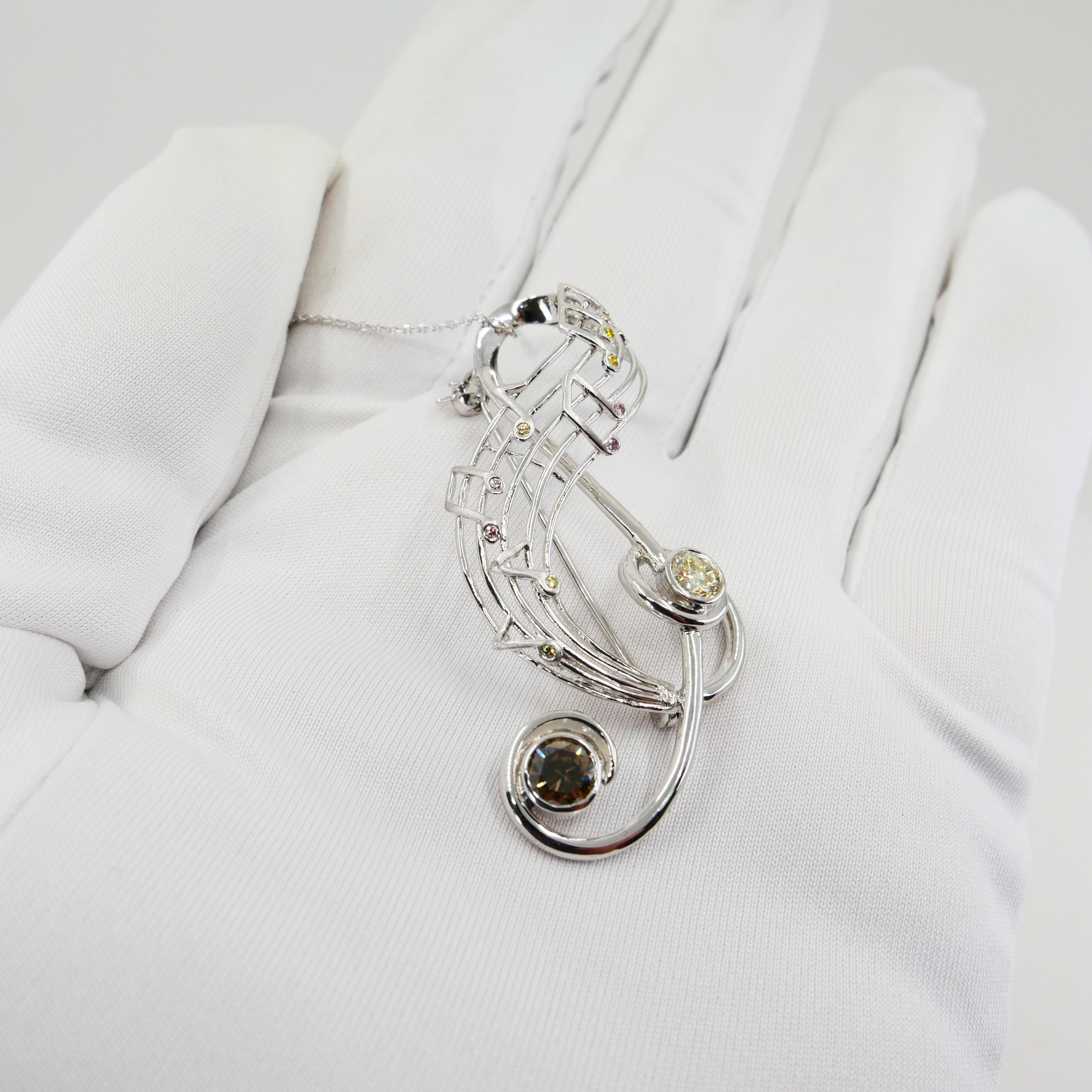 Fancy Colored Diamond Treble Clef Music Brooch Pendant, Music Lover's Pendant 3