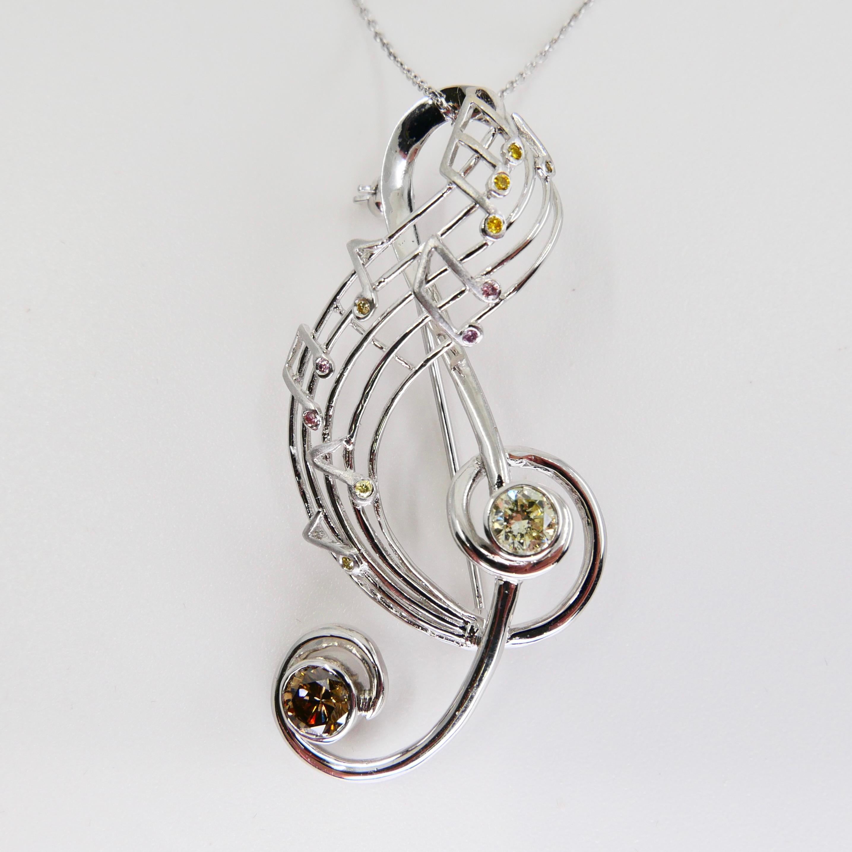 Fancy Colored Diamond Treble Clef Music Brooch Pendant, Music Lover's Pendant 4
