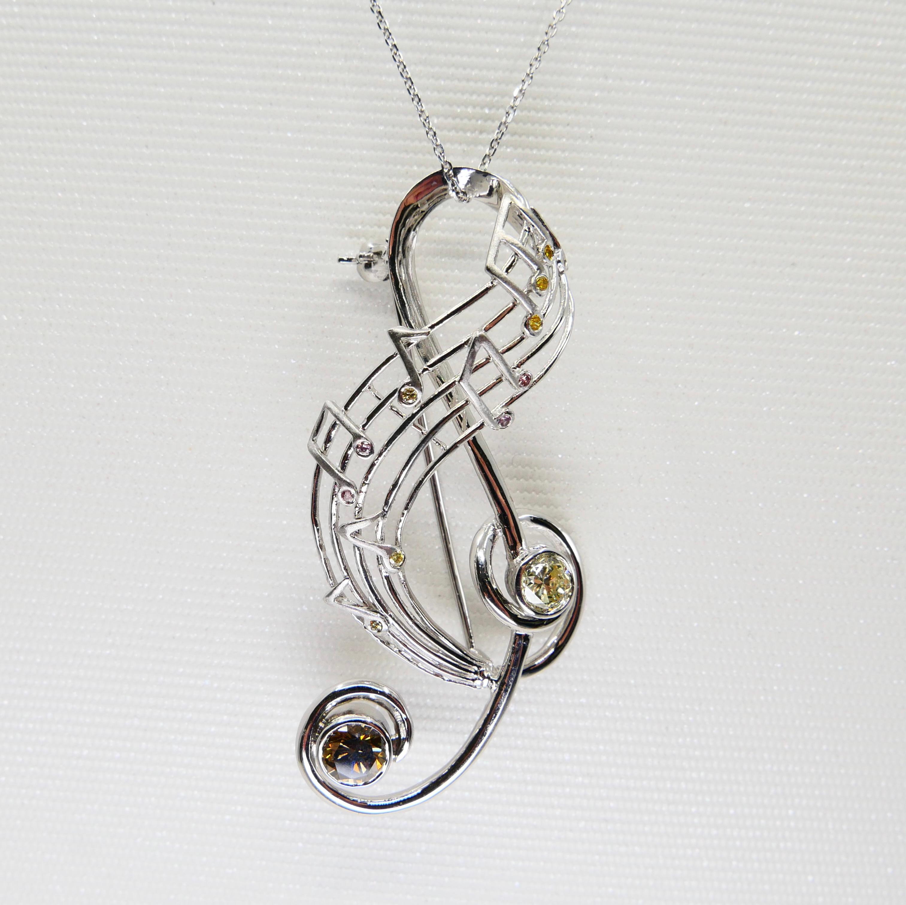 Round Cut Fancy Colored Diamond Treble Clef Music Brooch Pendant, Music Lover's Pendant