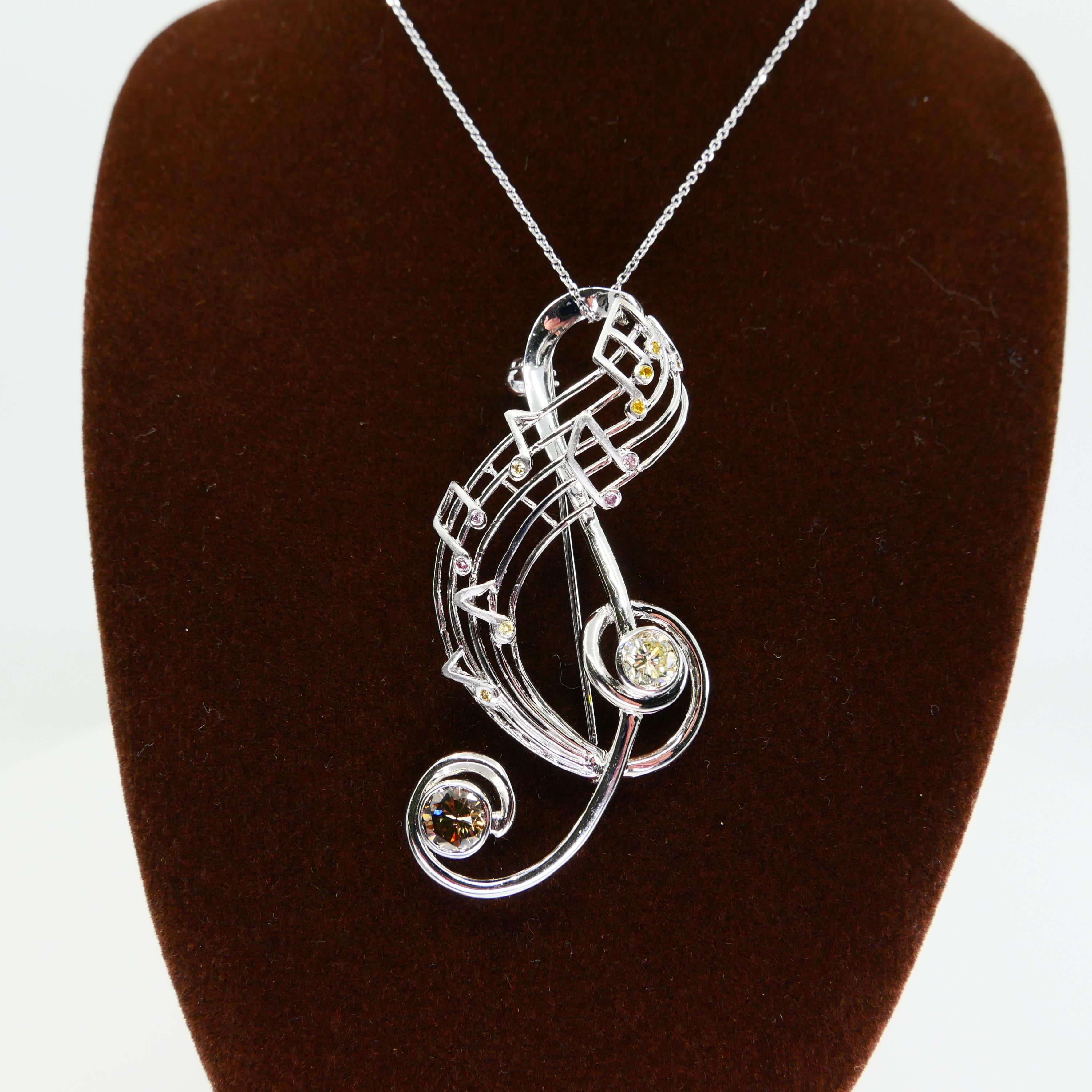 Fancy Colored Diamond Treble Clef Music Brooch Pendant, Music Lover's Pendant In New Condition In Hong Kong, HK