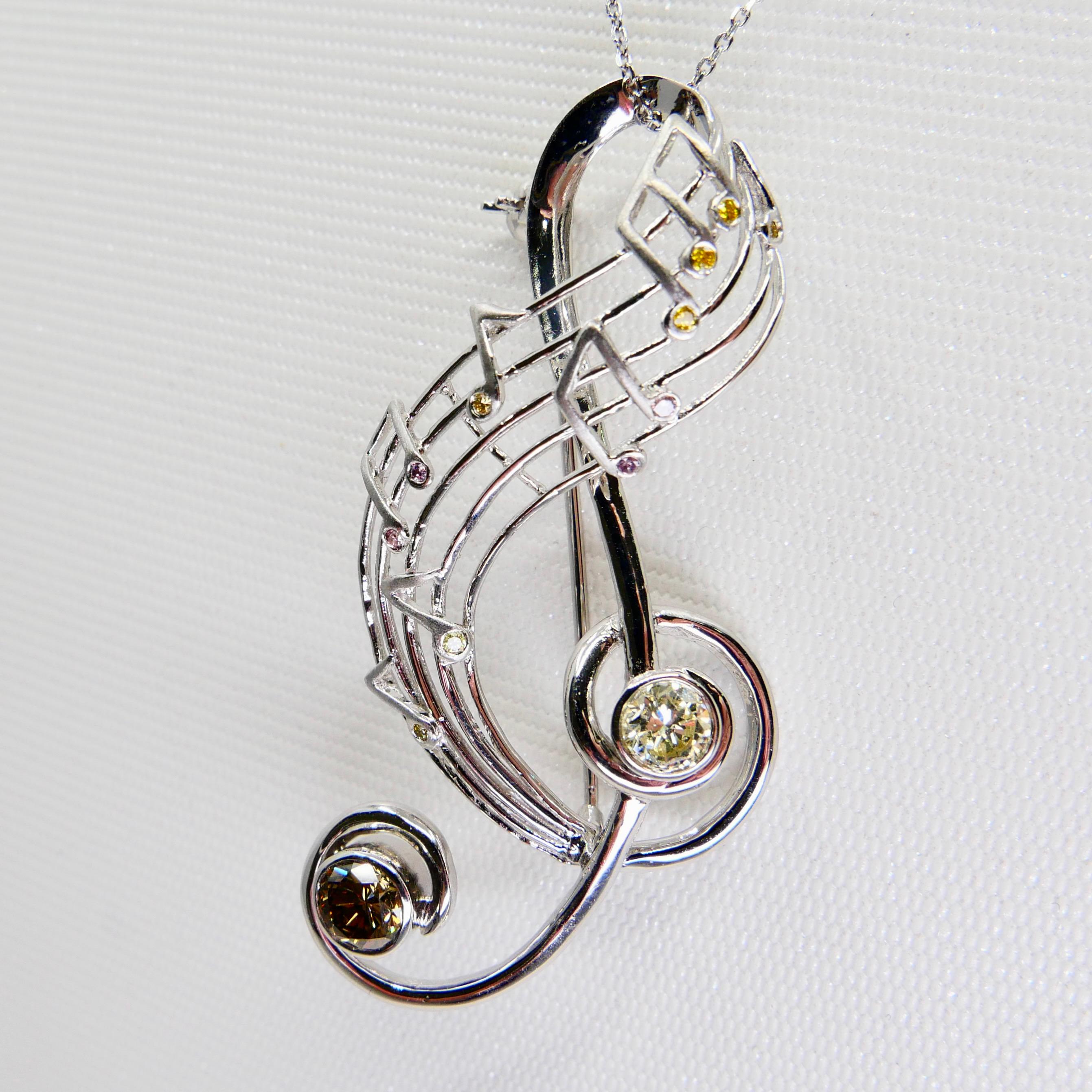 Women's Fancy Colored Diamond Treble Clef Music Brooch Pendant, Music Lover's Pendant