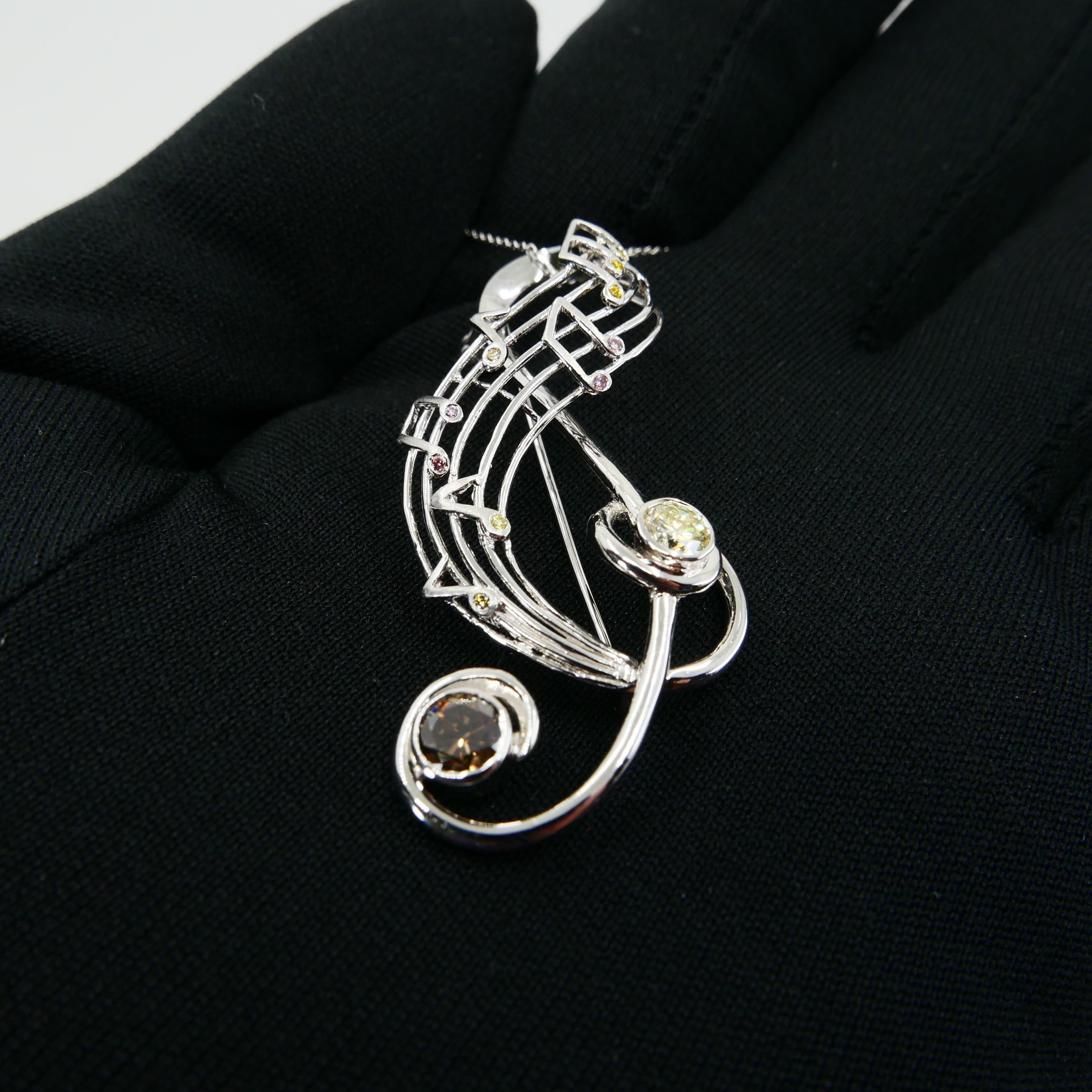 Fancy Colored Diamond Treble Clef Music Brooch Pendant, Music Lover's Pendant 1