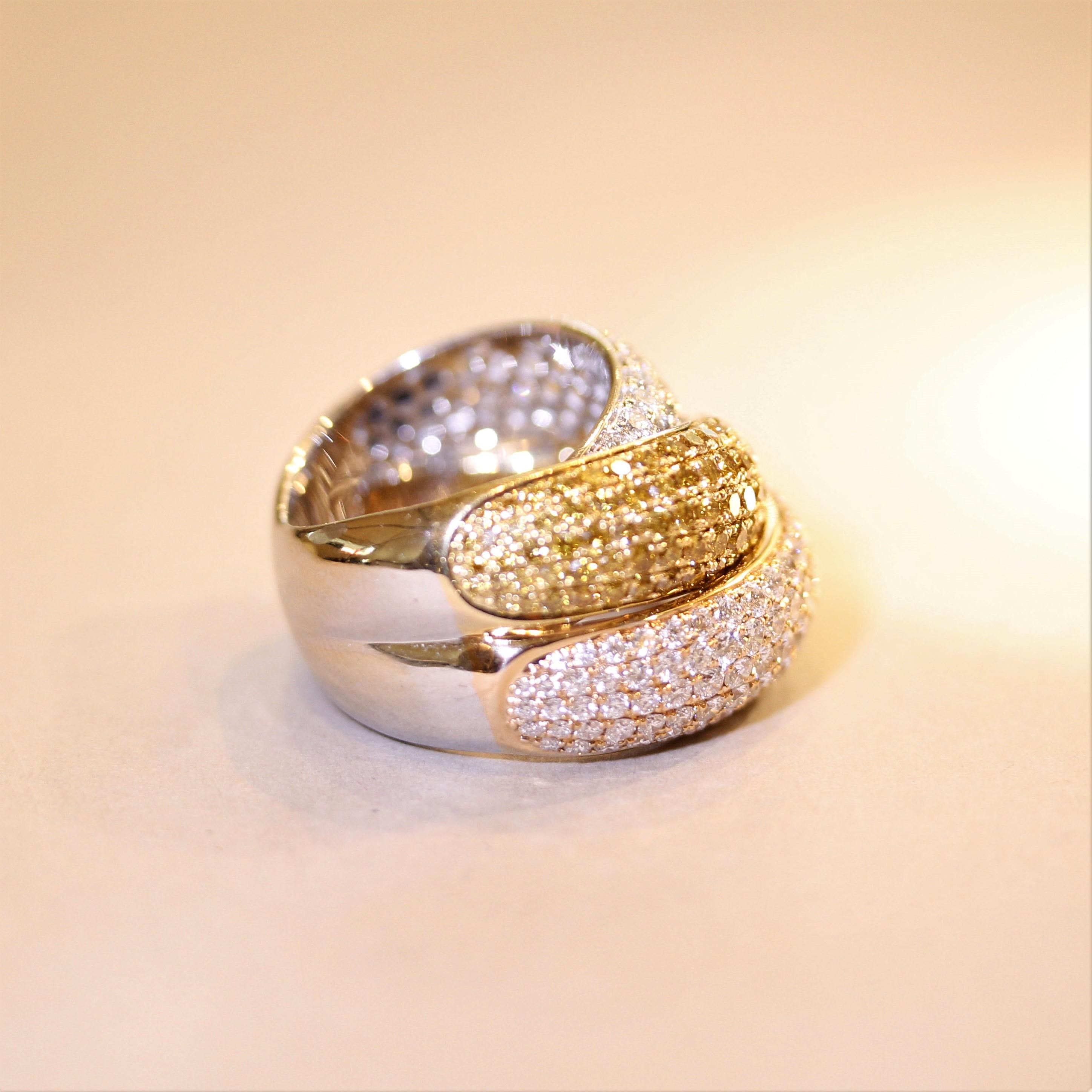 Women's Fancy-Colored Diamond Tri-Tone Gold Crossover Cocktail Ring For Sale