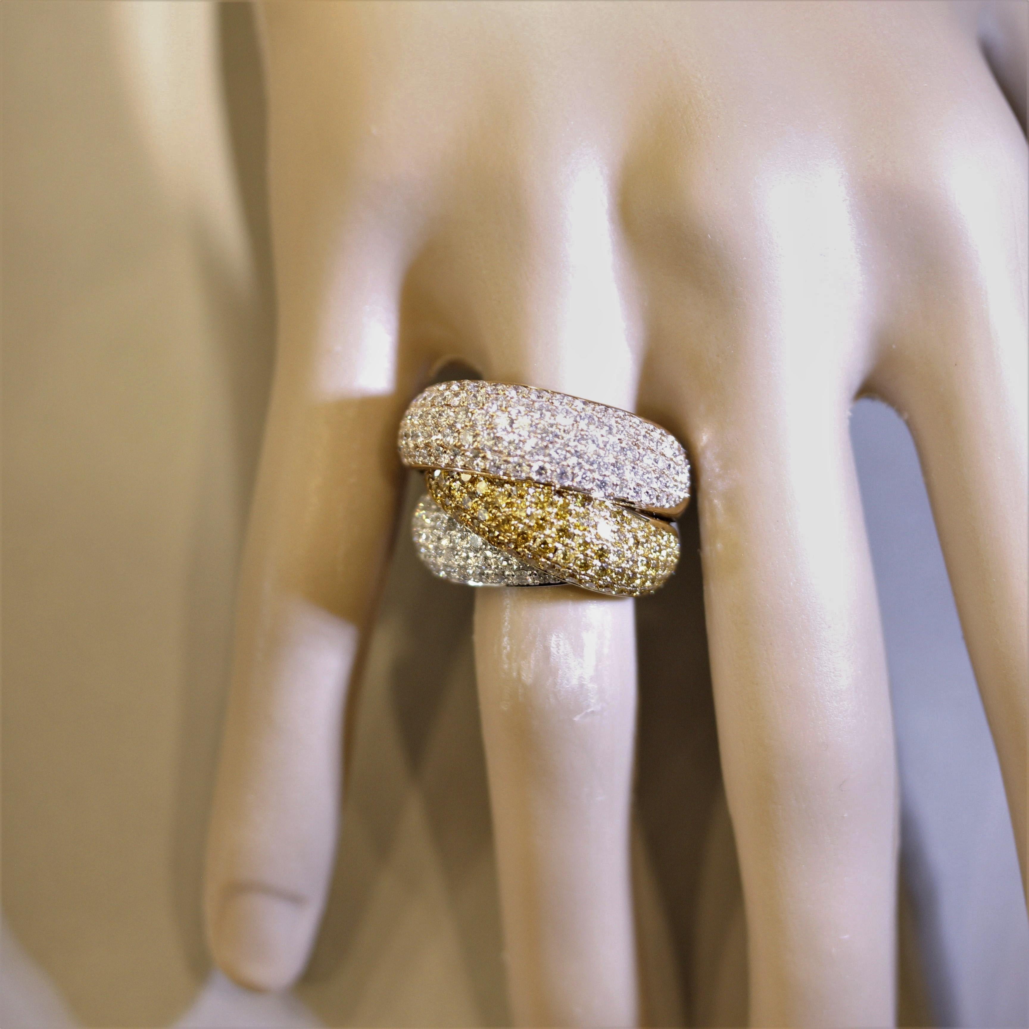 Fancy-Colored Diamond Tri-Tone Gold Crossover Cocktail Ring For Sale 1