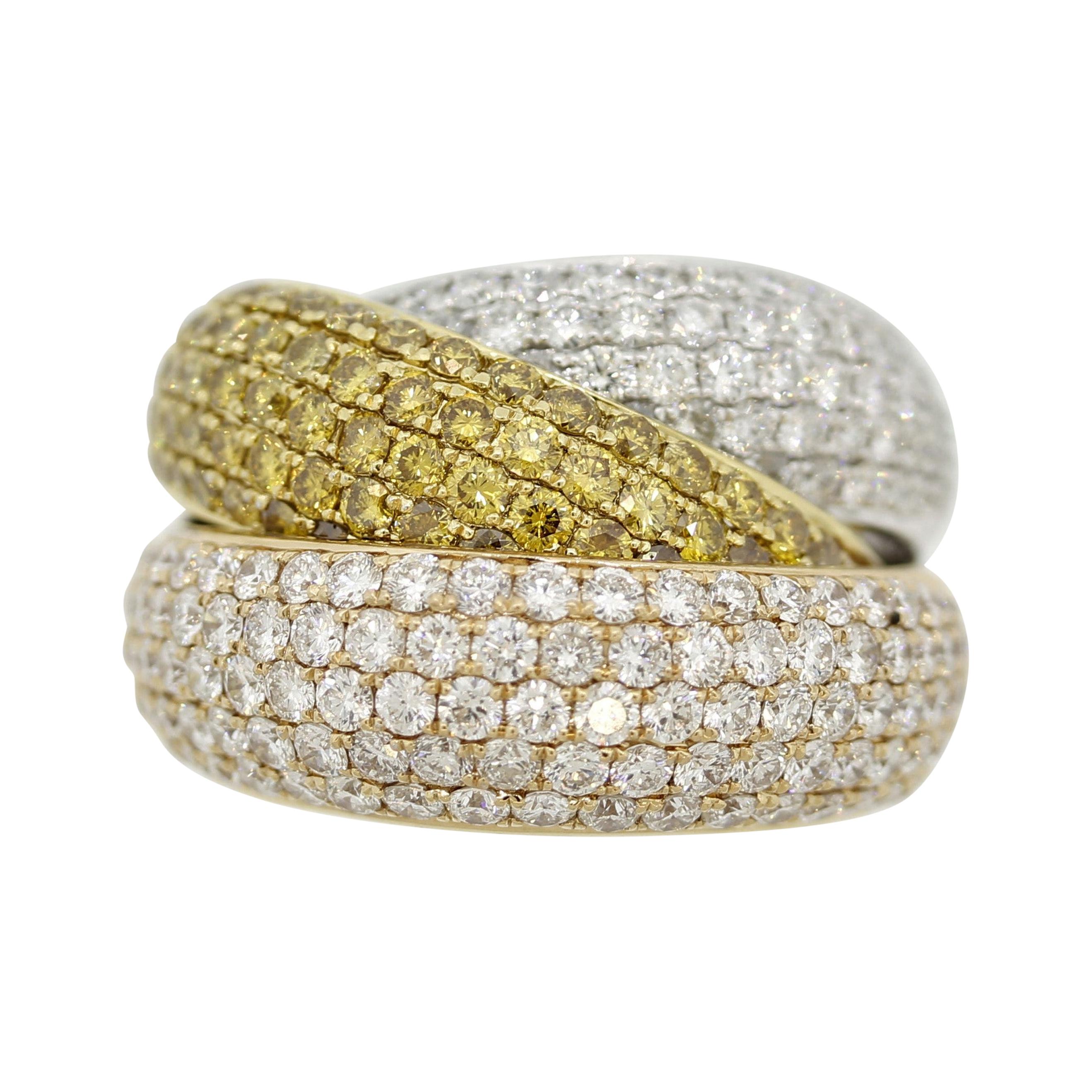 Fancy-Colored Diamond Tri-Tone Gold Crossover Cocktail Ring For Sale