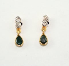 Brilliant cut diamonds Natural pear emeralds 18K gold plated silver earrings