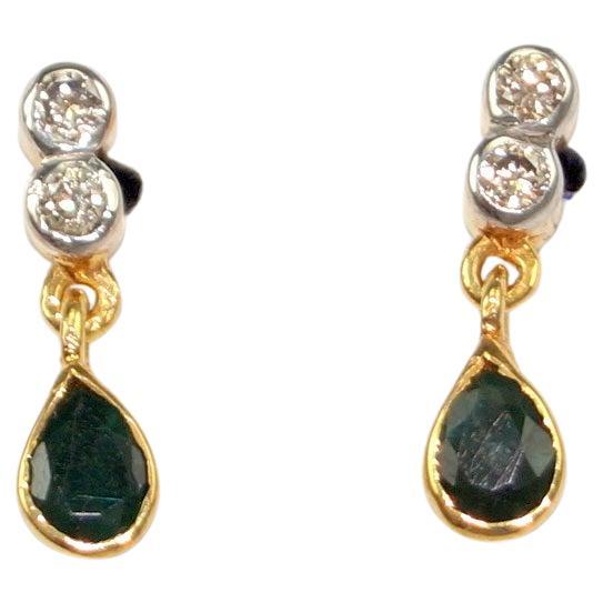 Ausgefallene farbige Ohrringe mit natürlichen Diamanten im Rosenschliff, Smaragden und Smaragden 925, vergoldet im Angebot
