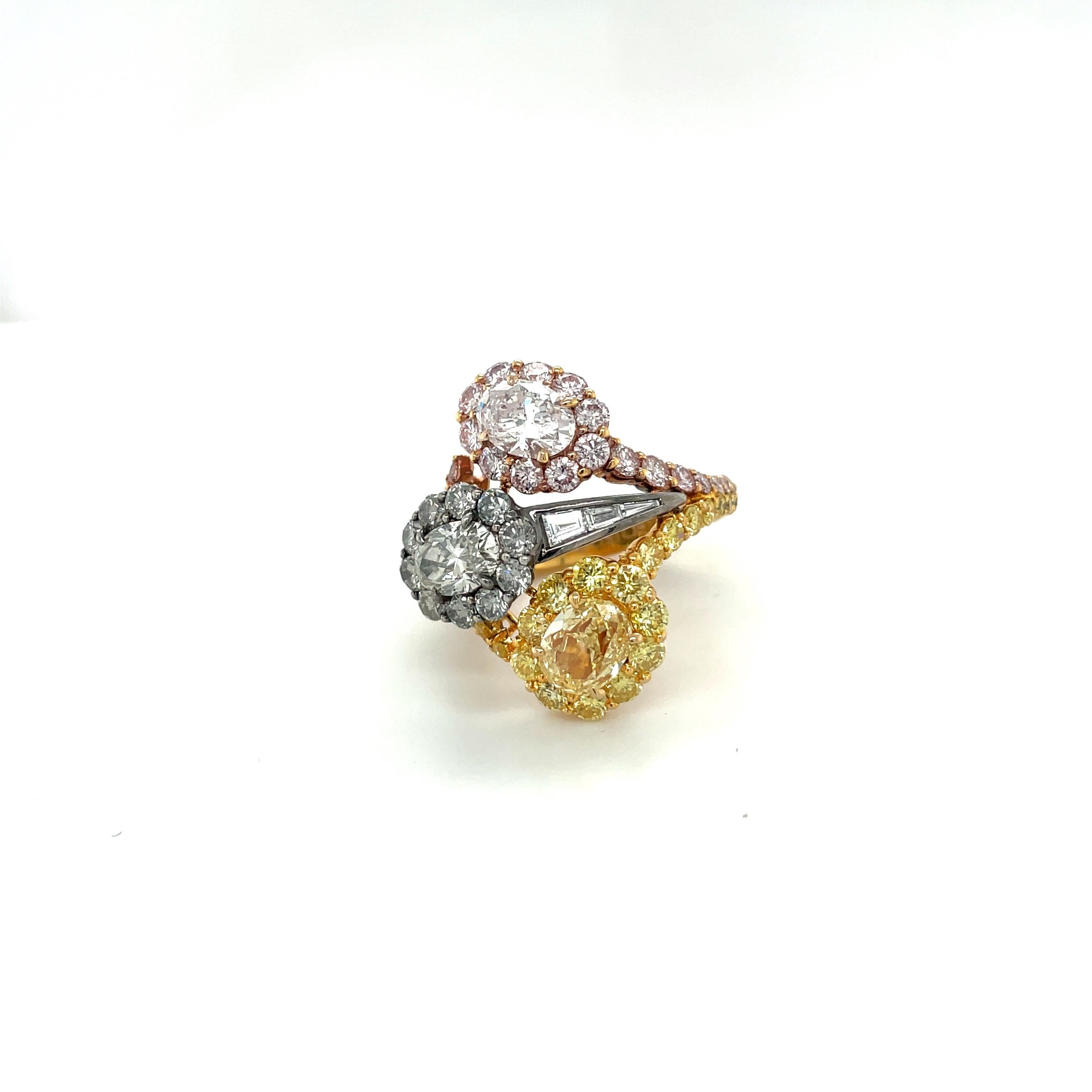 Natural fancy light yellow, faint pink and vivid gray oval diamonds are surrounded by fancy round yellow,
pink and gray diamonds. Set in a platinum and 18-karat yellow and rose gold. This magnificent ring is accompanied by 3 GIA