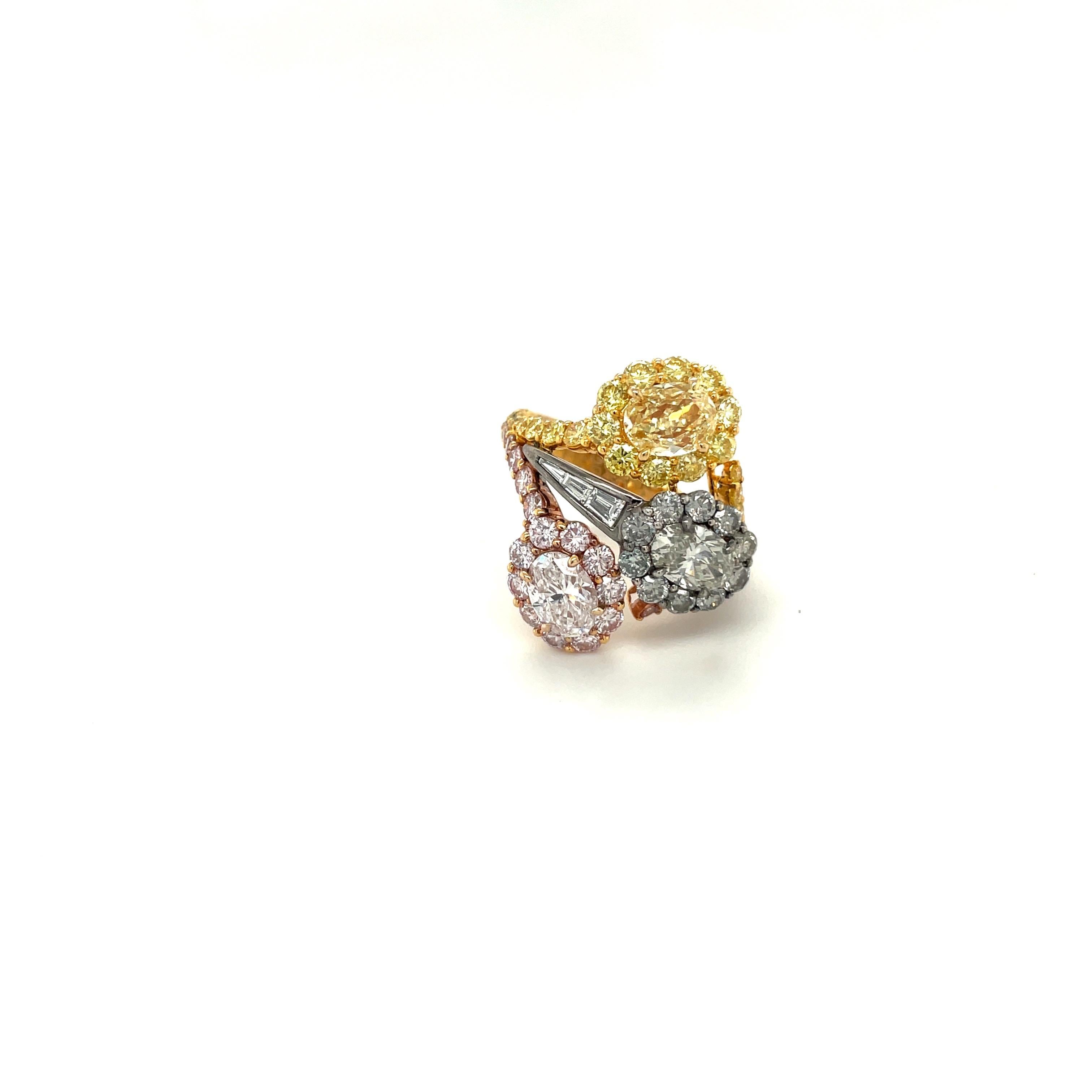 Fancy Colored Oval Pink, Yellow & Gray GIA Certified Diamond Ring In New Condition For Sale In New York, NY