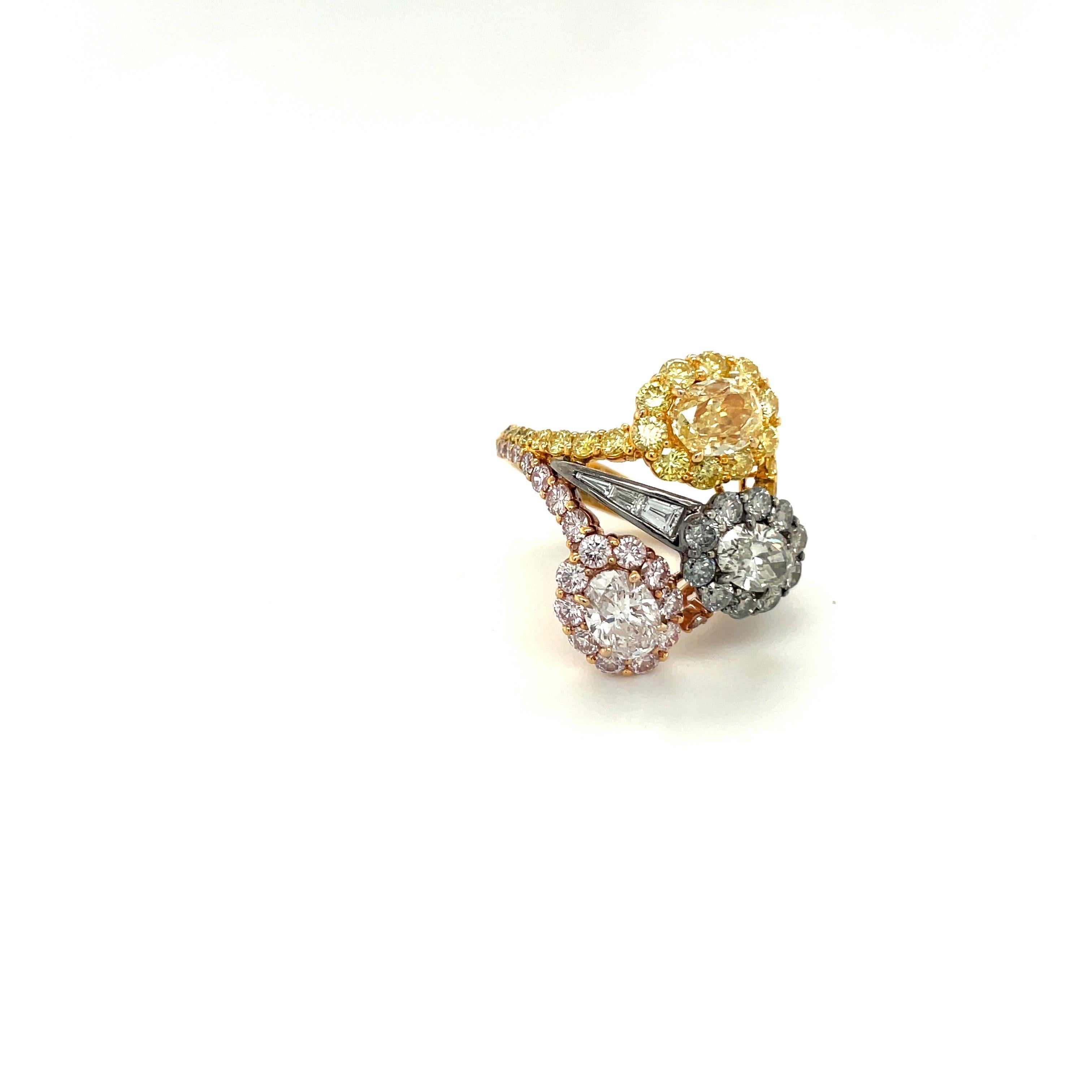 Fancy Colored Oval Pink, Yellow & Gray GIA Certified Diamond Ring For Sale 1
