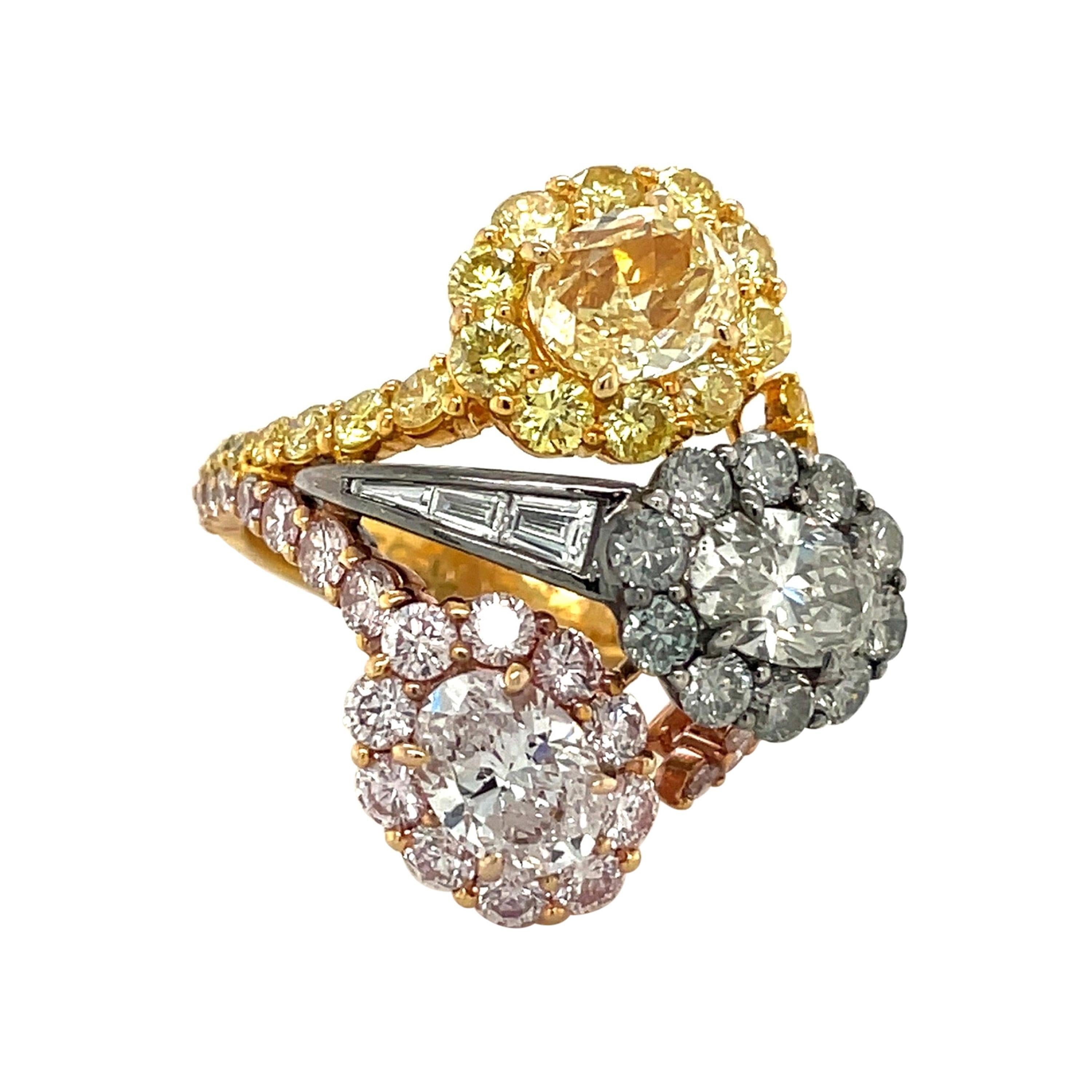 Bague en diamant ovale de couleur fantaisie rose, jaune et gris certifié par le GIA