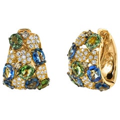 Fancy Green and Blue Sapphire and Diamond Pave 18k Yellow Gold Hoop Earrings