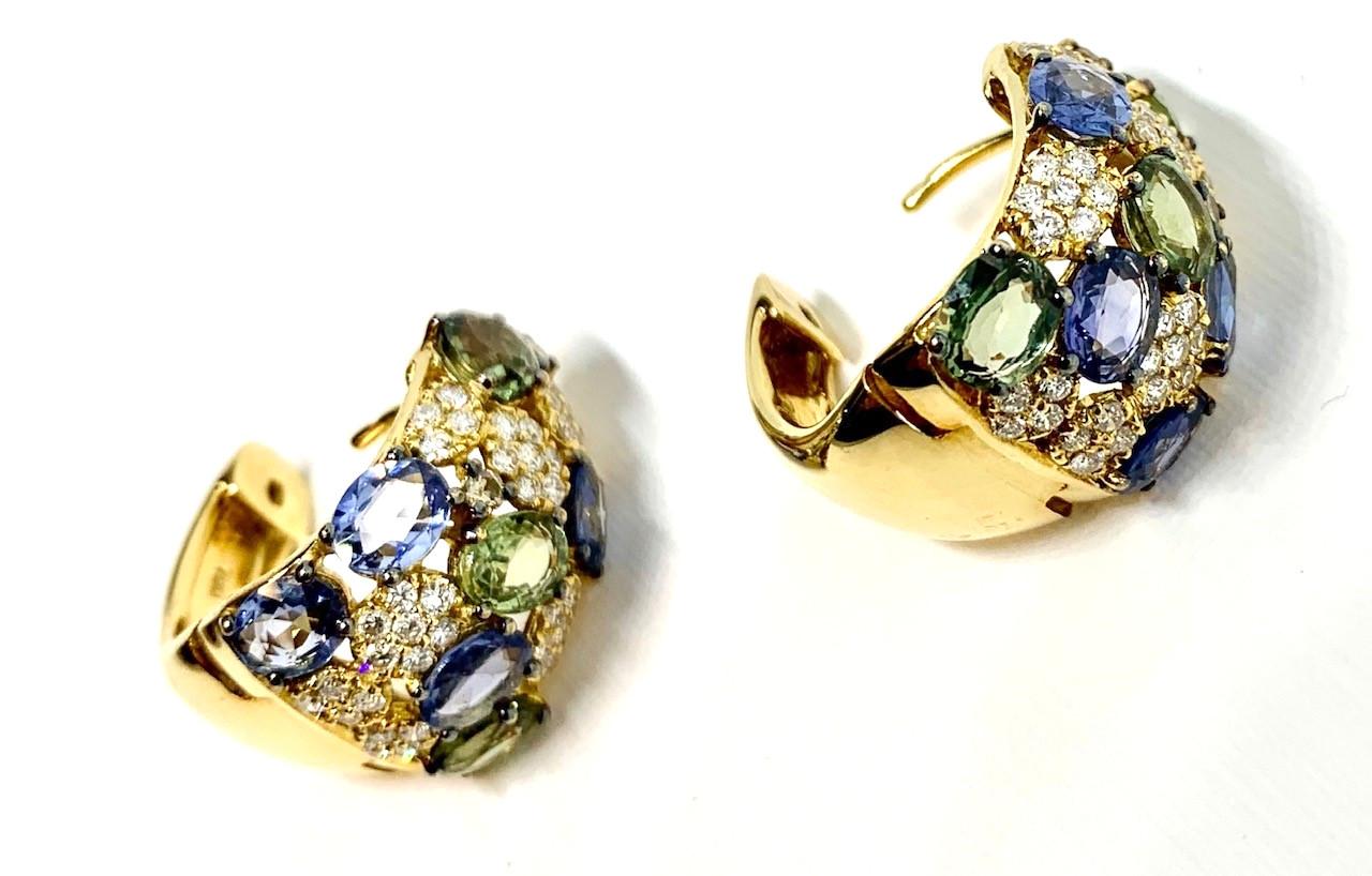 Oval Cut Fancy Green and Blue Sapphire and Diamond Pave 18k Yellow Gold Hoop Earrings