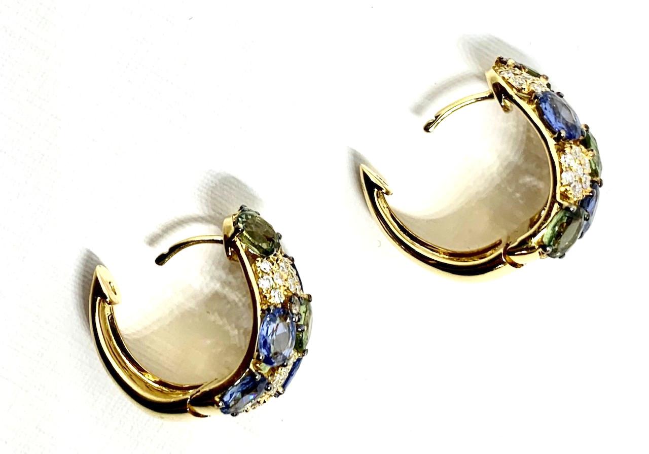 Fancy Green and Blue Sapphire and Diamond Pave 18k Yellow Gold Hoop Earrings In New Condition In Los Angeles, CA