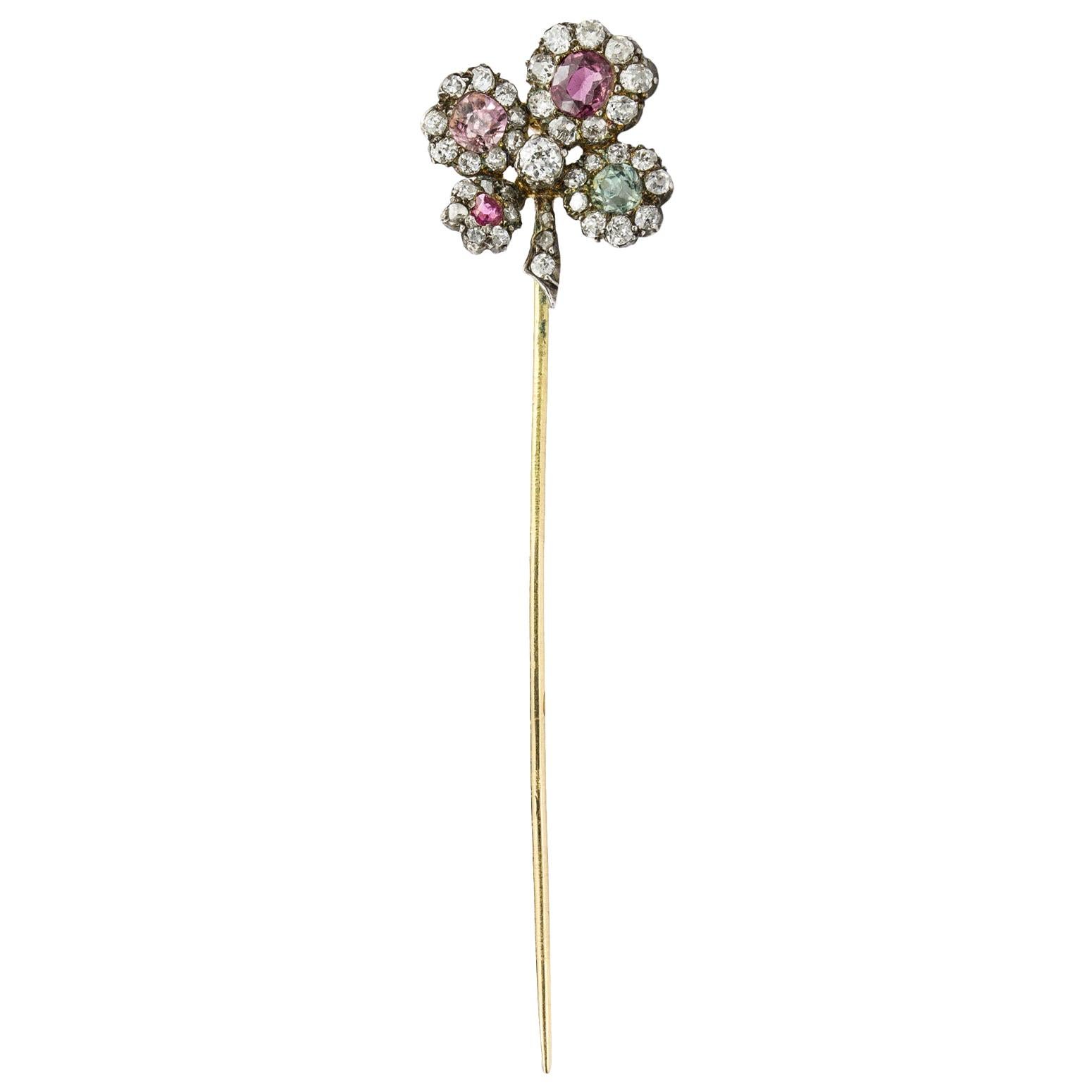 Fancy Colored Sapphires and Diamond Clover Stick-Pin