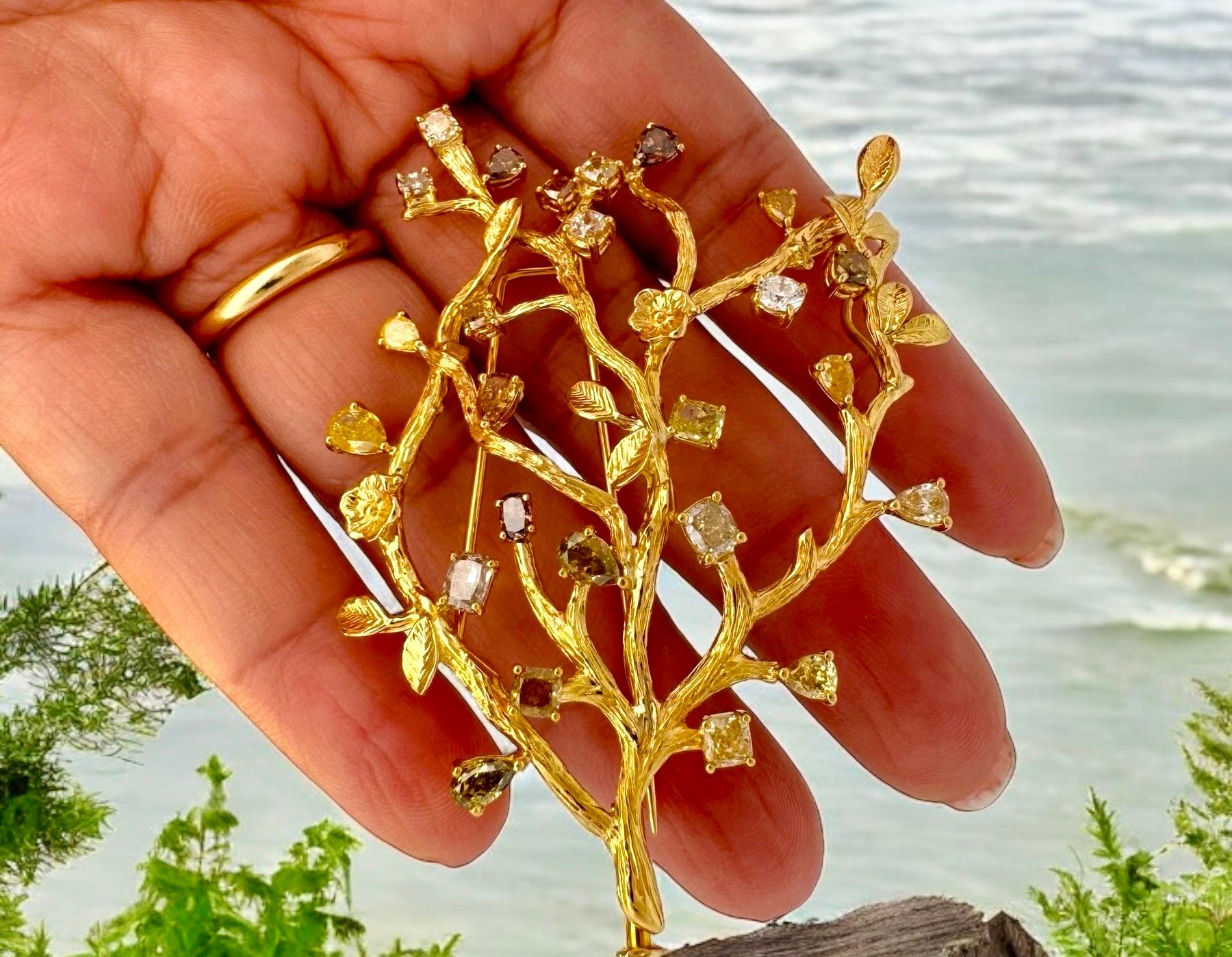 Eleva tu conjunto con este exquisito broche de bo-ser joyas. Elaborada en oro amarillo de 18 ct, esta pieza inspirada en la naturaleza presenta un diseño de rama texturizada adornado con 25 diamantes talla brillante redondos y de fantasía surtidos.