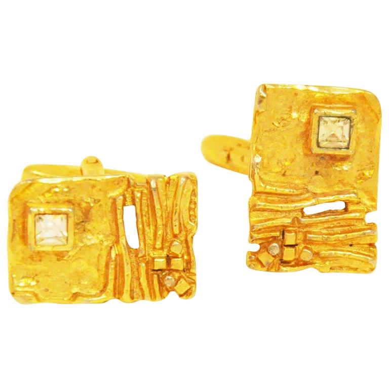 Fancy Cufflinks from the Sixties, gold-coloured, rectangular in nugget look  For Sale