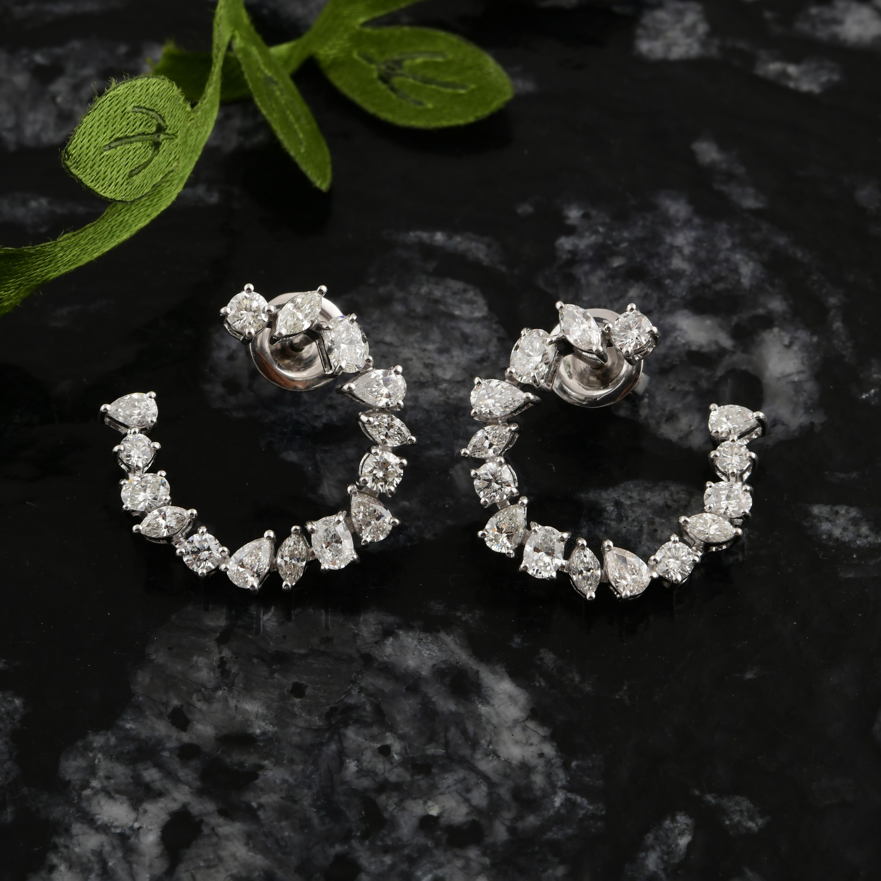 Boucles d'oreilles ouvertes en or blanc 14 carats, diamant naturel SI/HI de 2,43 carats, taille fantaisie en vente 3