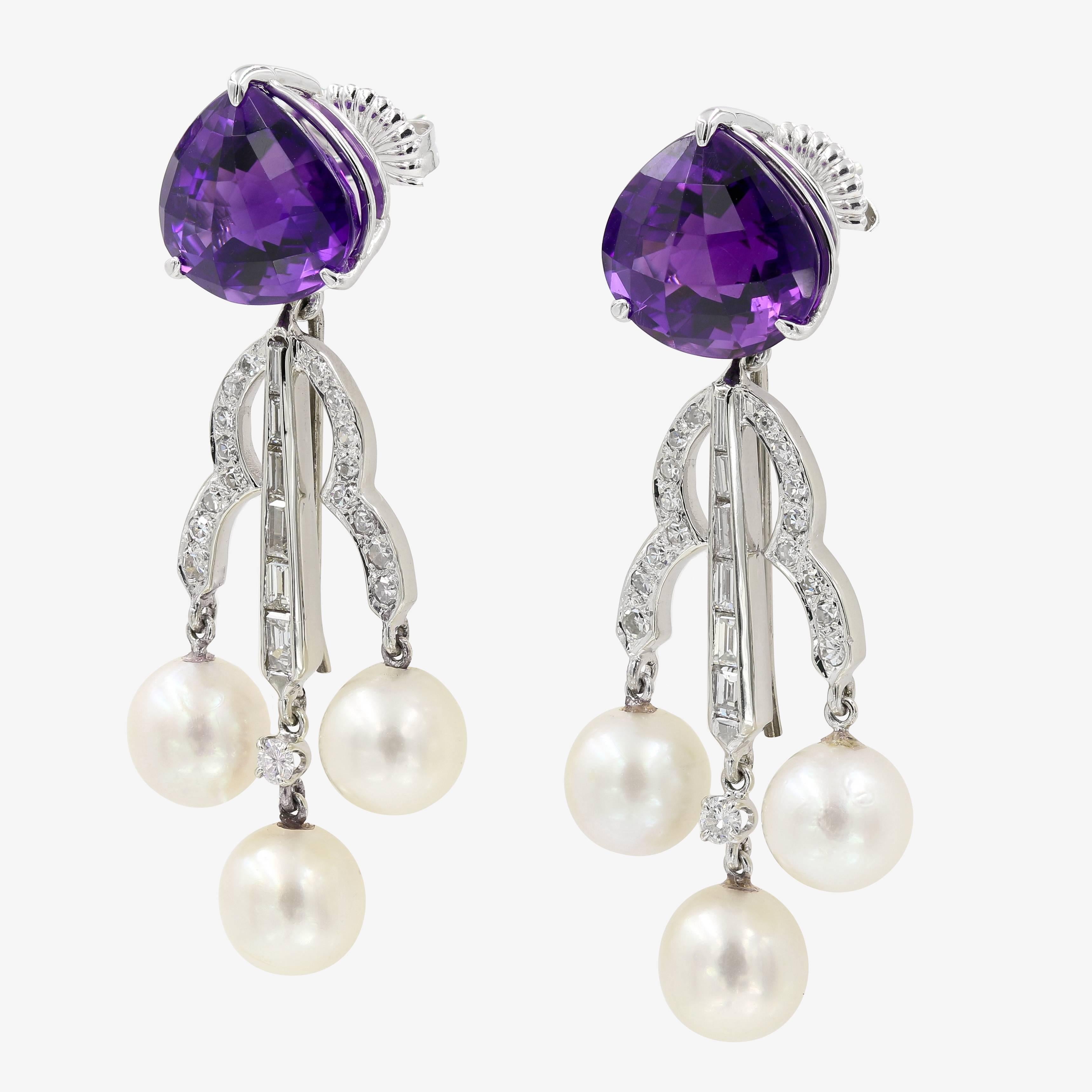 Contemporary Fancy Cut Amethyst, Diamond, and Pearl Dangle Earrings in White Gold