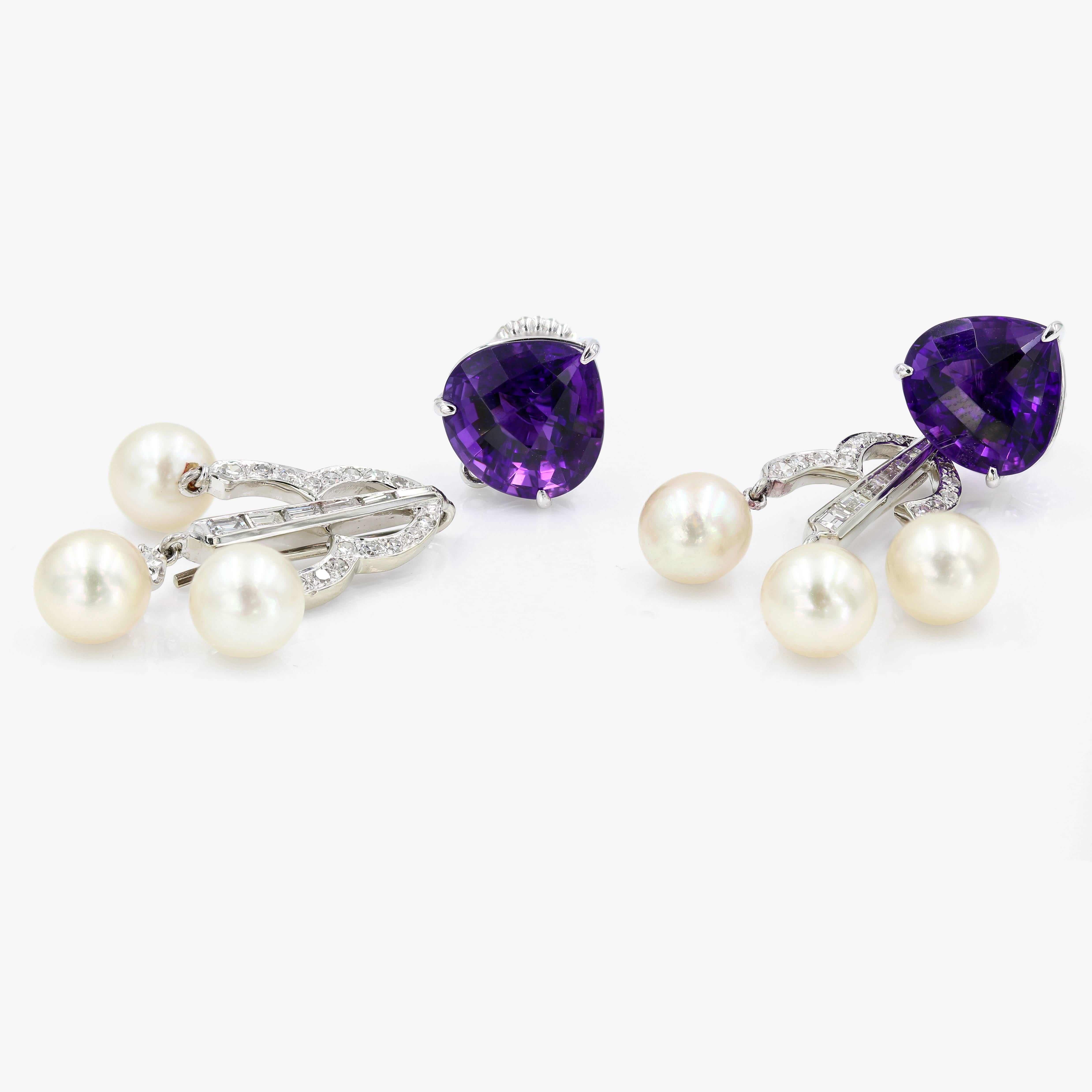 Fancy Cut Amethyst, Diamond, and Pearl Dangle Earrings in White Gold In Excellent Condition In Chicago, IL