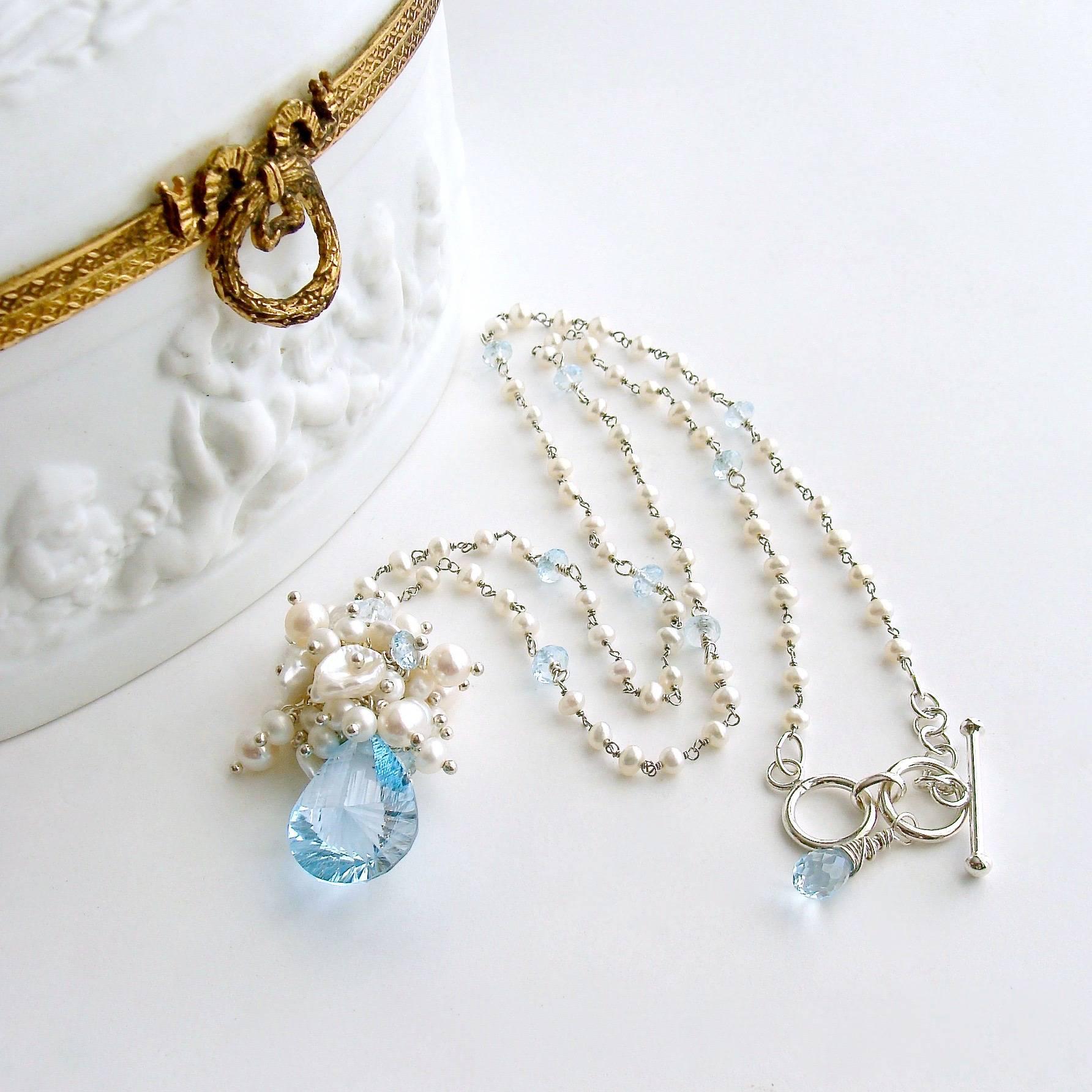 Artisan Fancy Cut Blue Topaz Seed Pearl Cluster Pendant Necklace