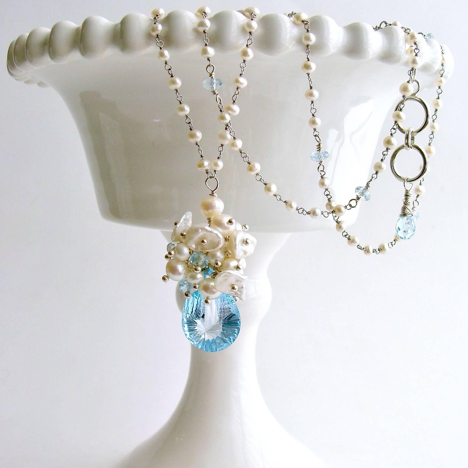 Fancy Cut Blue Topaz Seed Pearl Cluster Pendant Necklace In New Condition In Colleyville, TX