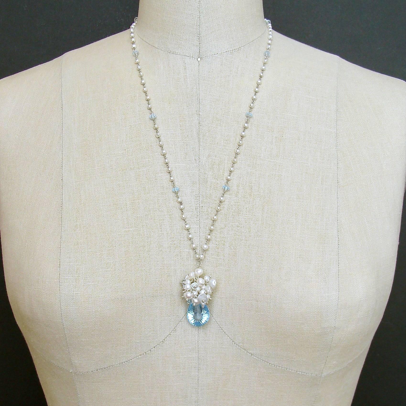 Women's Fancy Cut Blue Topaz Seed Pearl Cluster Pendant Necklace