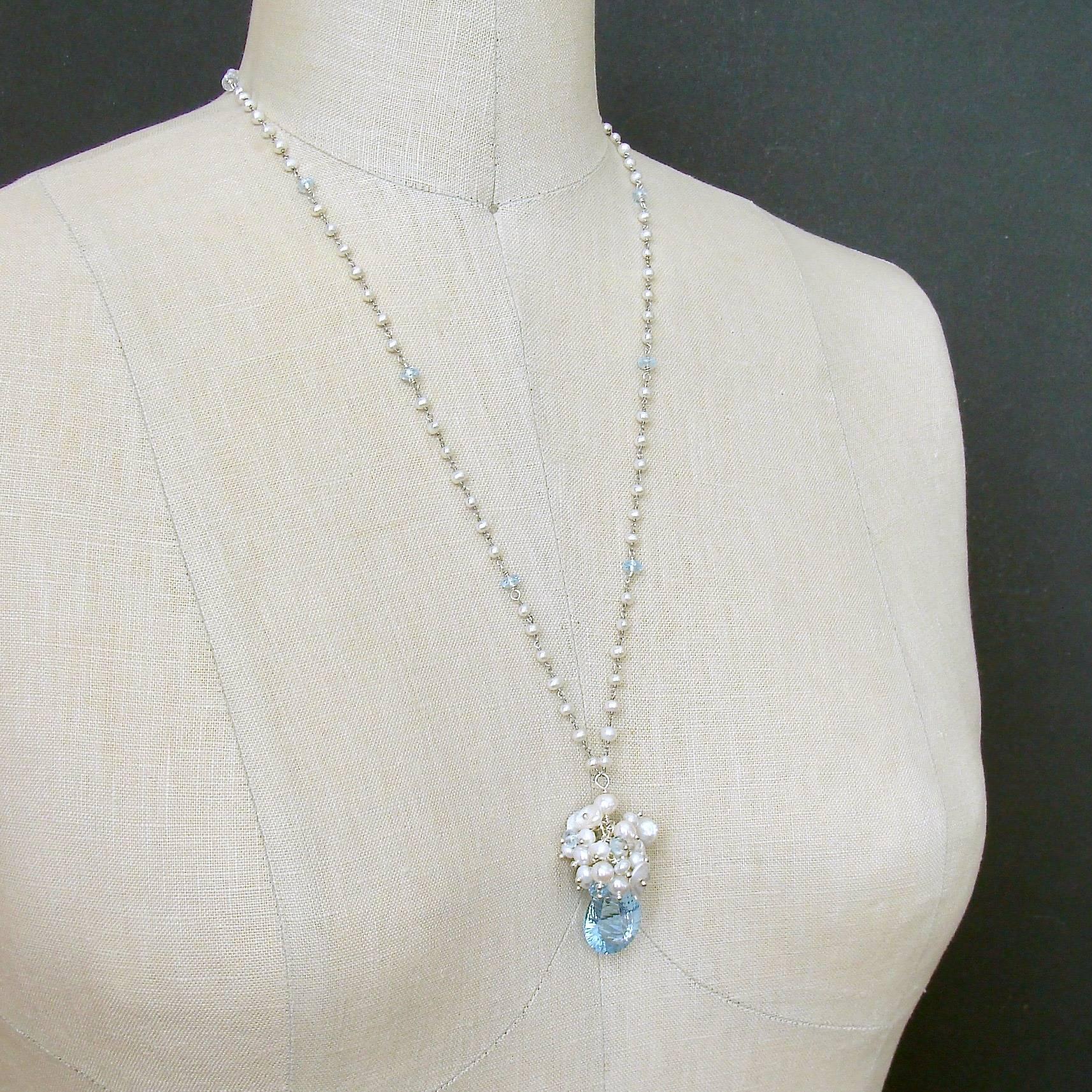 Fancy Cut Blue Topaz Seed Pearl Cluster Pendant Necklace 1