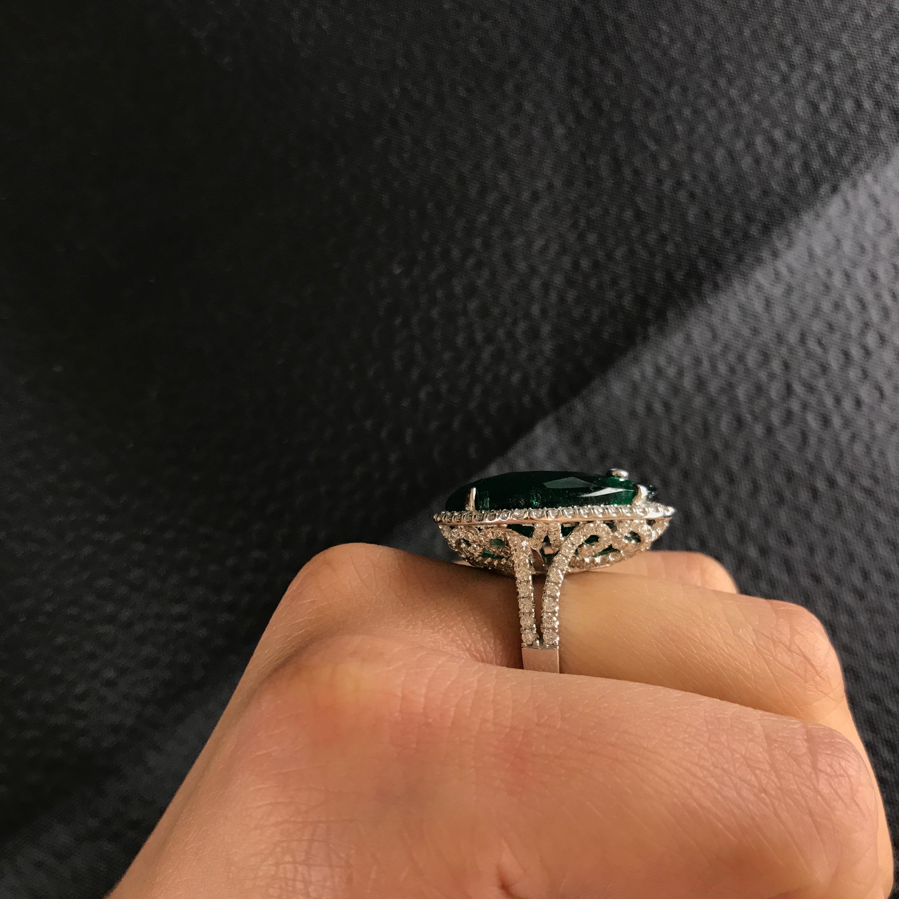 Modern Fancy Cut Colombian Emerald and Diamond Cocktail Ring For Sale