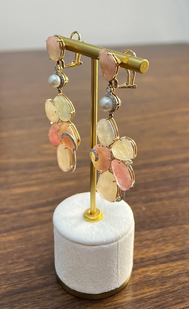 Fancy Cut Colored Sapphires Slice Pearl Diamond 18K Rose Gold Statement Earrings For Sale 5