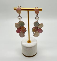 Fancy Cut Colored Sapphires Slice Pearl Diamond 18K Rose Gold Statement Earrings