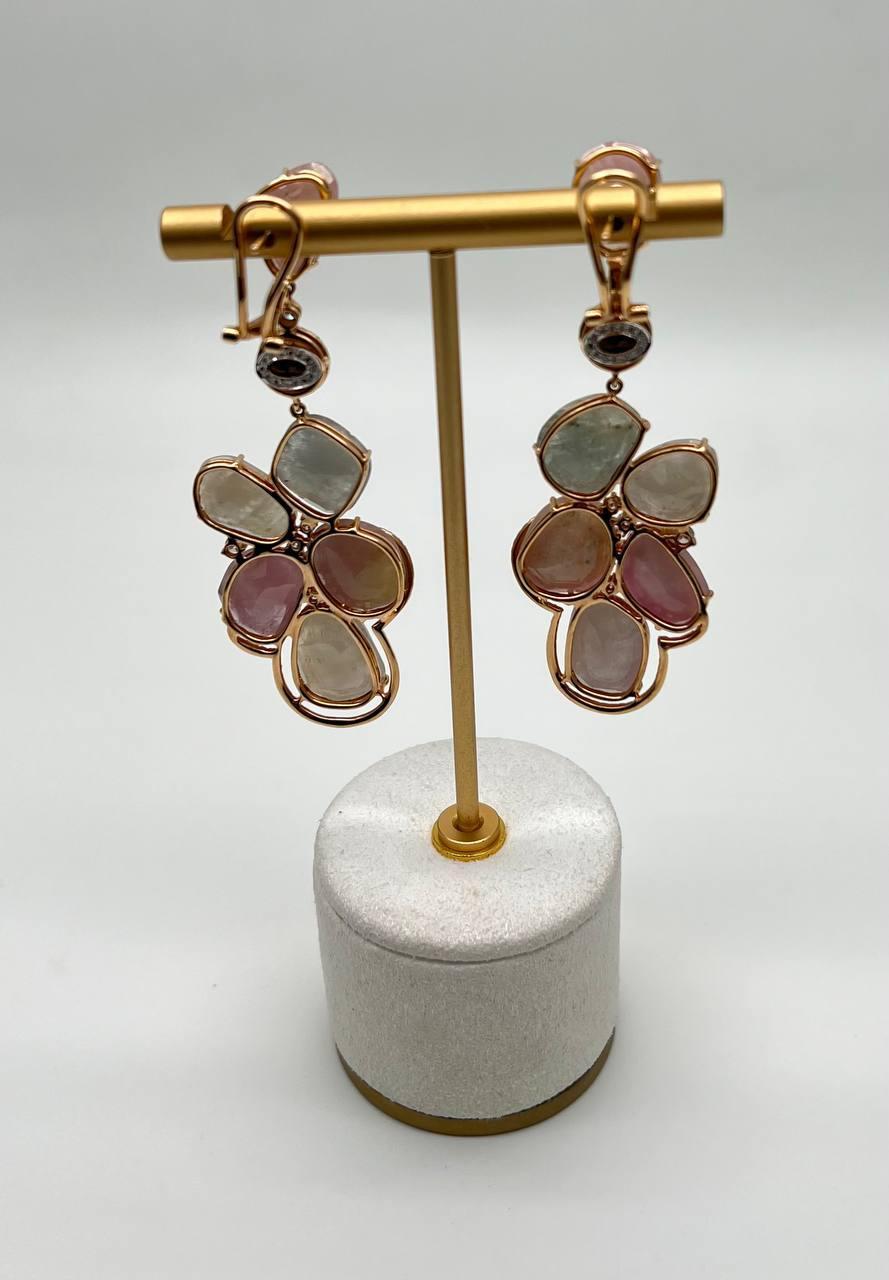 Mixed Cut Fancy Cut Colored Sapphires Slice Pearl Diamond 18K Rose Gold Statement Earrings For Sale