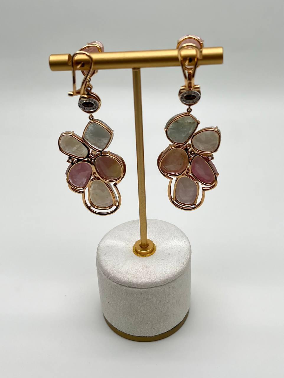 Fancy Cut Colored Sapphires Slice Pearl Diamond 18K Rose Gold Statement Earrings In New Condition For Sale In Oakton, VA