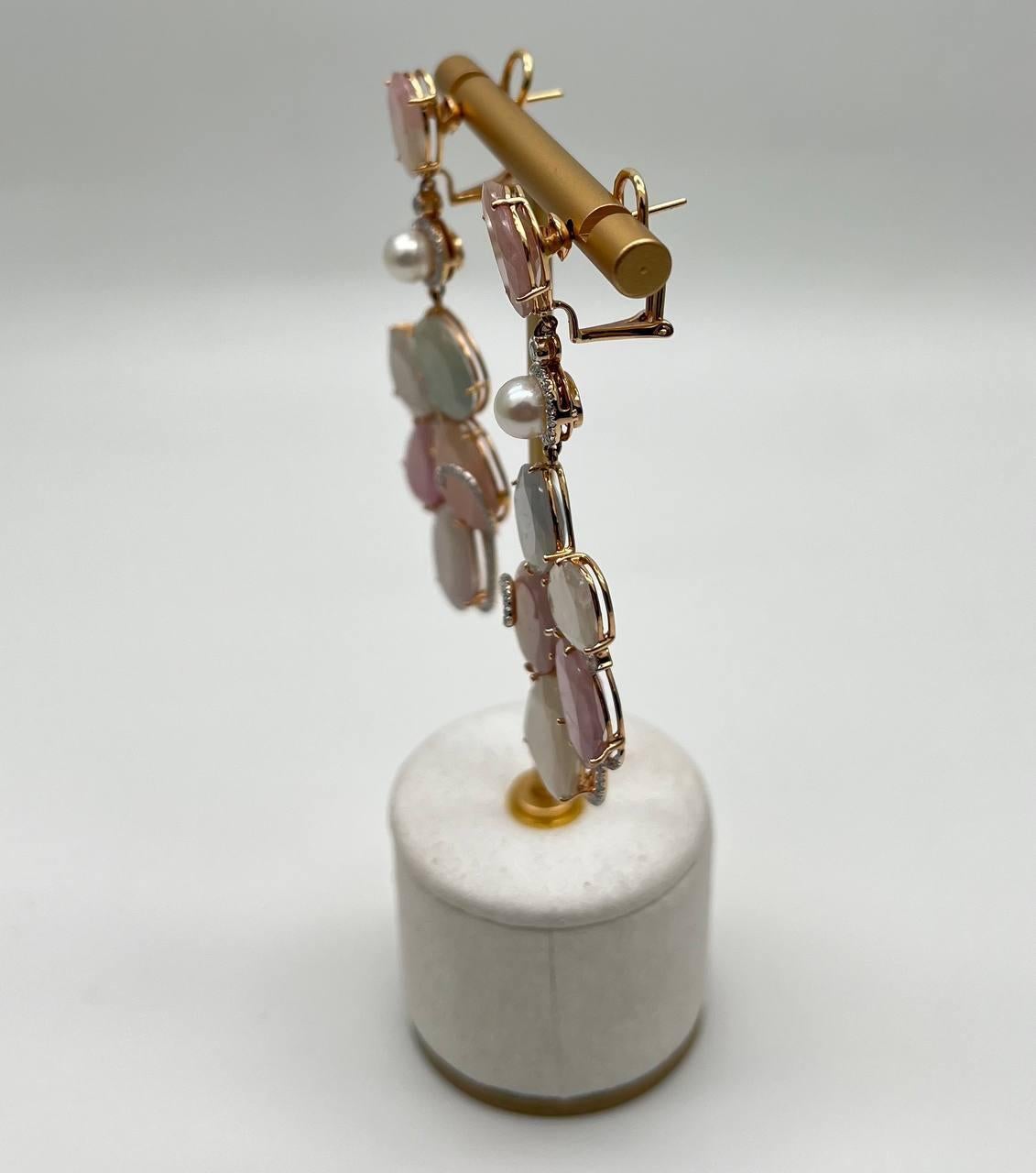 Women's Fancy Cut Colored Sapphires Slice Pearl Diamond 18K Rose Gold Statement Earrings For Sale
