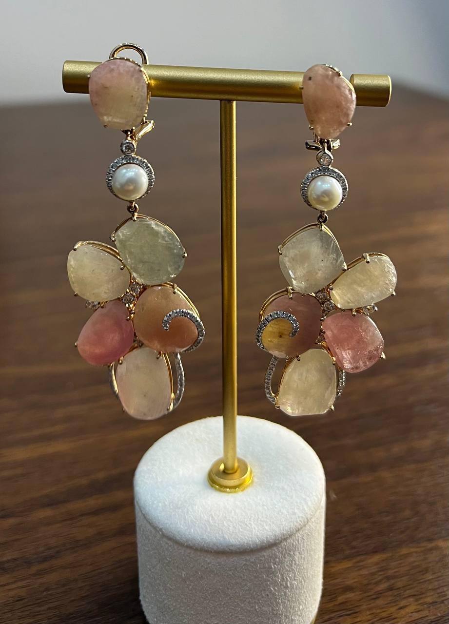 Fancy Cut Colored Sapphires Slice Pearl Diamond 18K Rose Gold Statement Earrings For Sale 1
