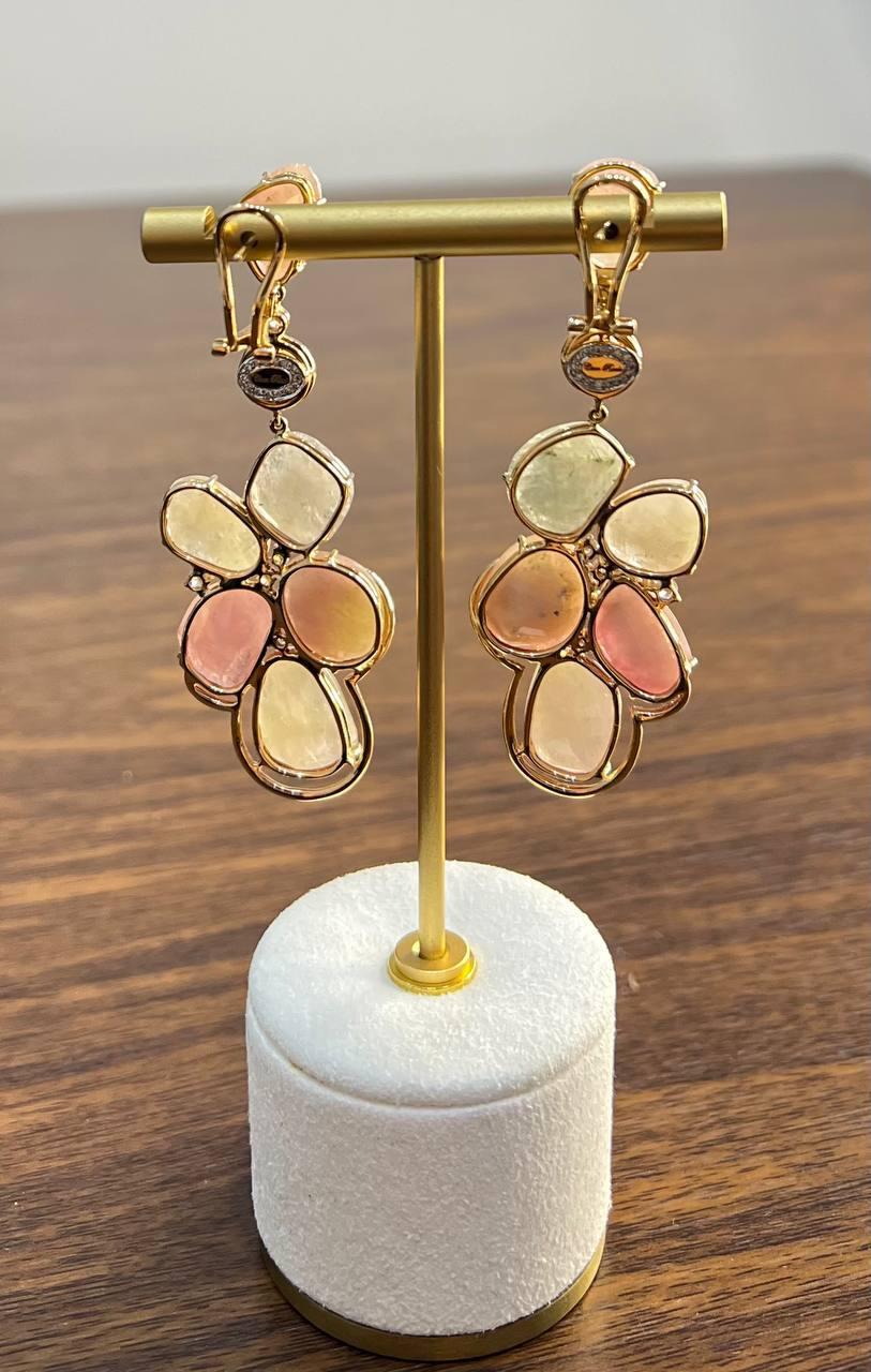 Fancy Cut Colored Sapphires Slice Pearl Diamond 18K Rose Gold Statement Earrings For Sale 2