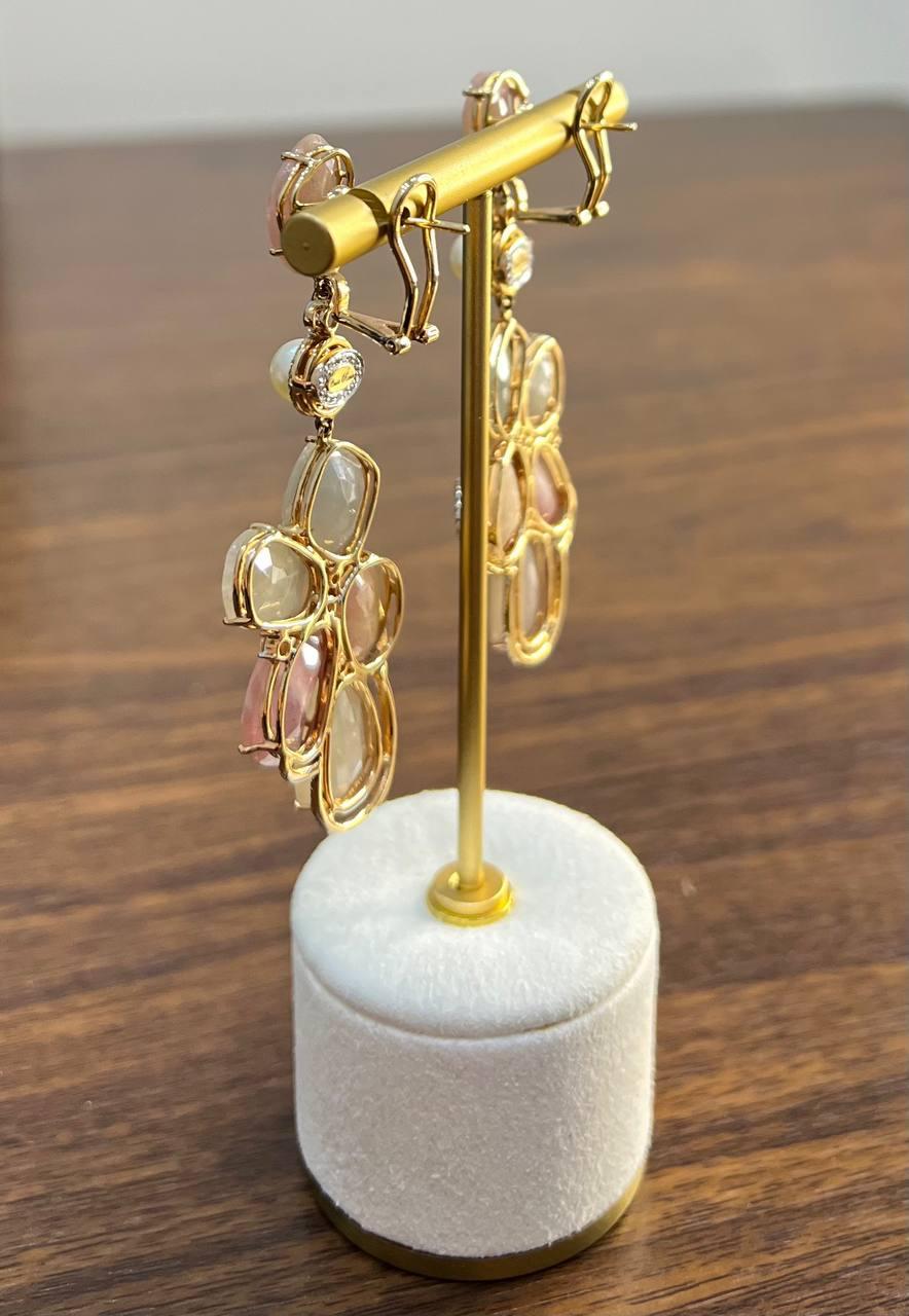 Fancy Cut Colored Sapphires Slice Pearl Diamond 18K Rose Gold Statement Earrings For Sale 3