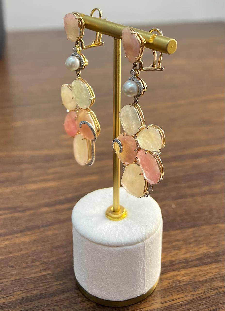 Fancy Cut Colored Sapphires Slice Pearl Diamond 18K Rose Gold Statement Earrings For Sale 4