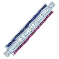 Fancy Cut Diamond, Sapphire and Ruby Vintage Art Deco Style Brooch