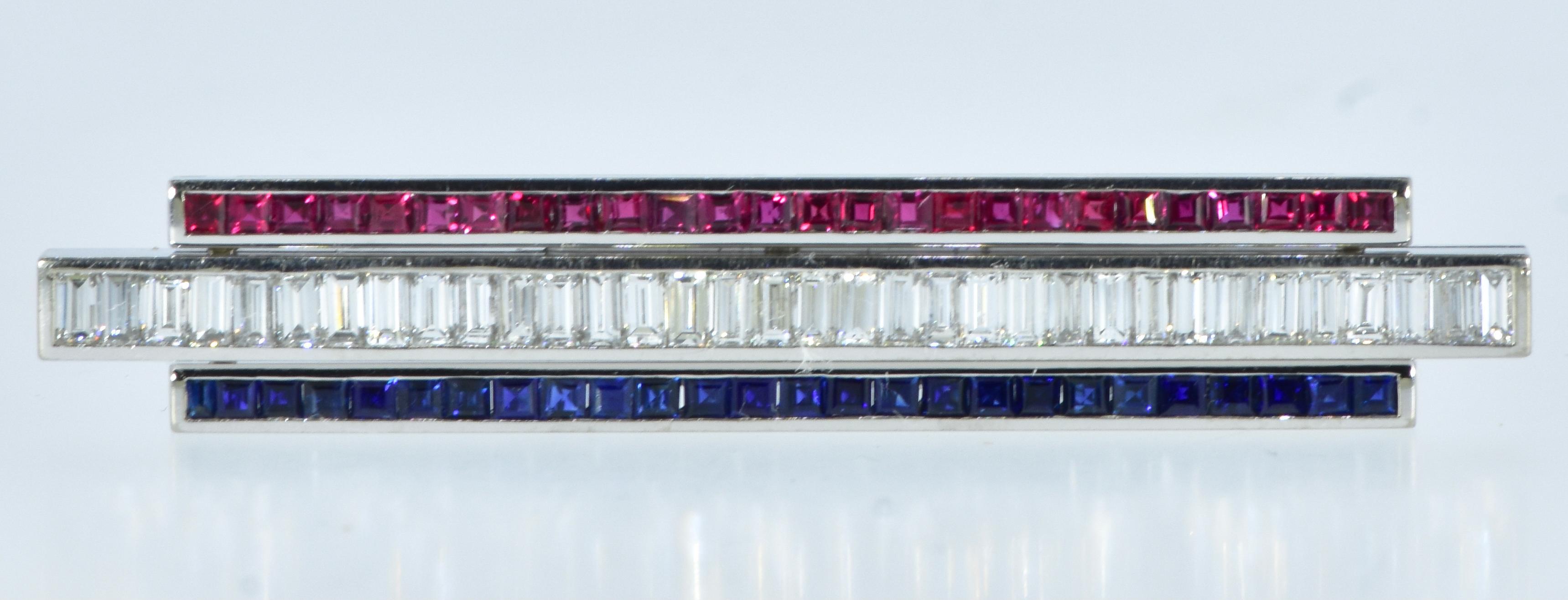 Fancy Cut Diamond, Sapphire and Ruby Vintage Brooch In Excellent Condition For Sale In Aspen, CO